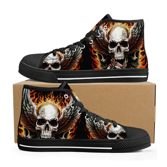 Biker skull hight top sneakers, flower skull canvas shoes, evil women shoes, motorcycle skull canvas shoes, Motorcycle women sneakers shoes