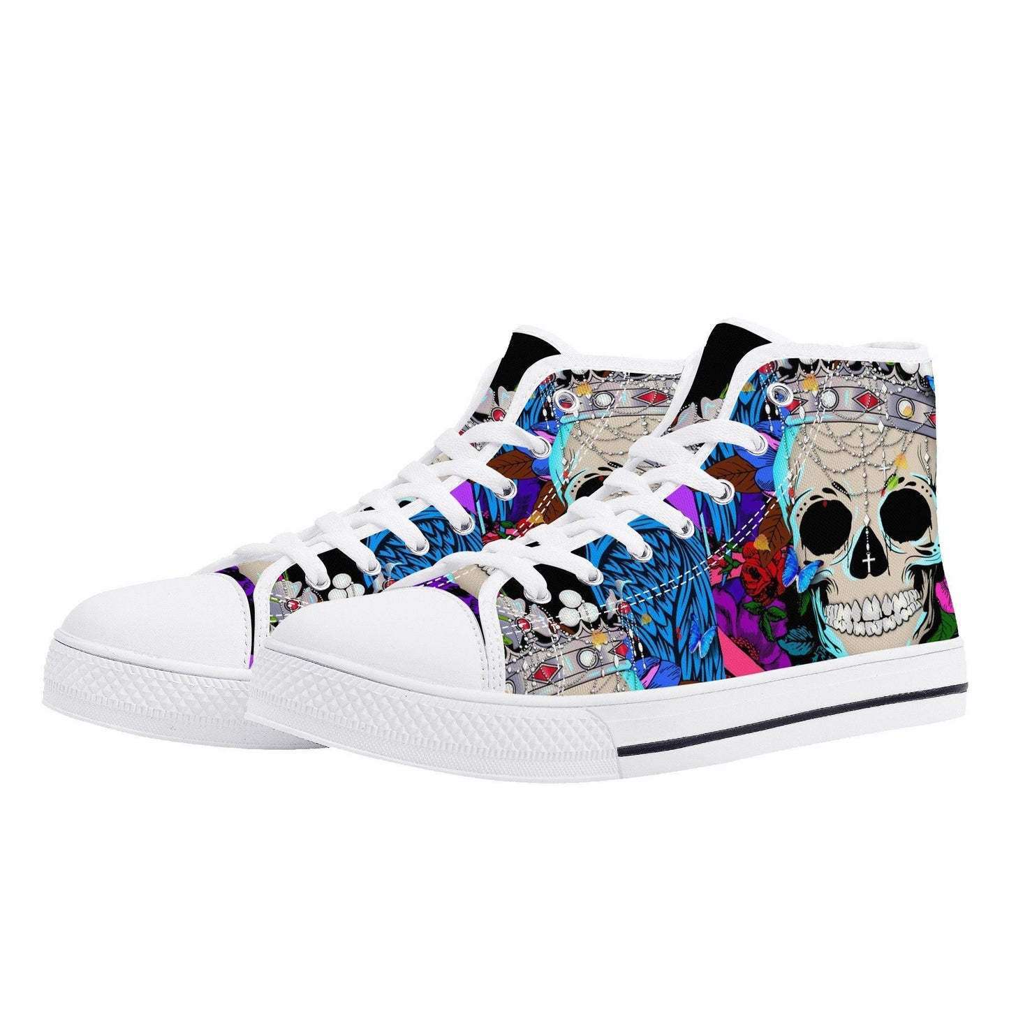 Flower skull high top shoes, flower skull shoes, floral skull women shoes biker skull women shoes motorcycle skull shoes for him, goth shoes