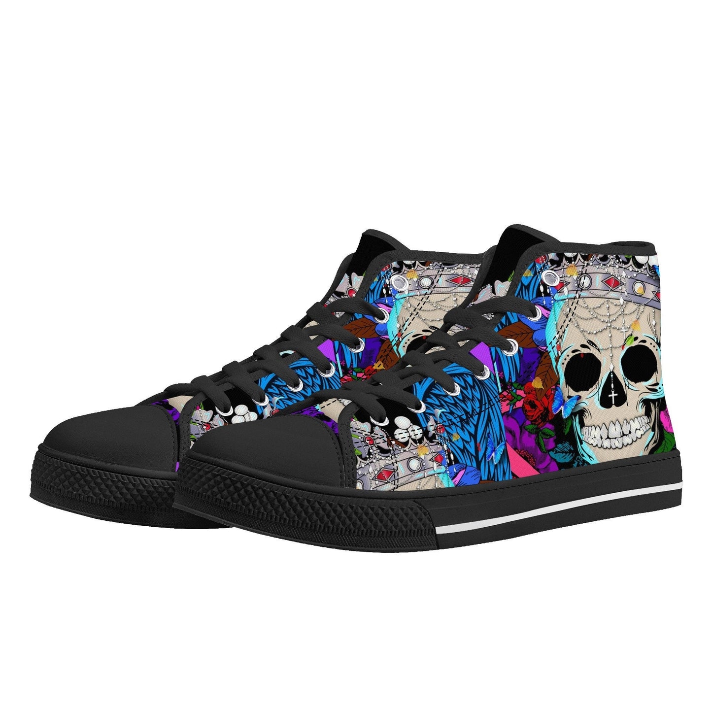 Flower skull high top shoes, flower skull shoes, floral skull women shoes biker skull women shoes motorcycle skull shoes for him, goth shoes