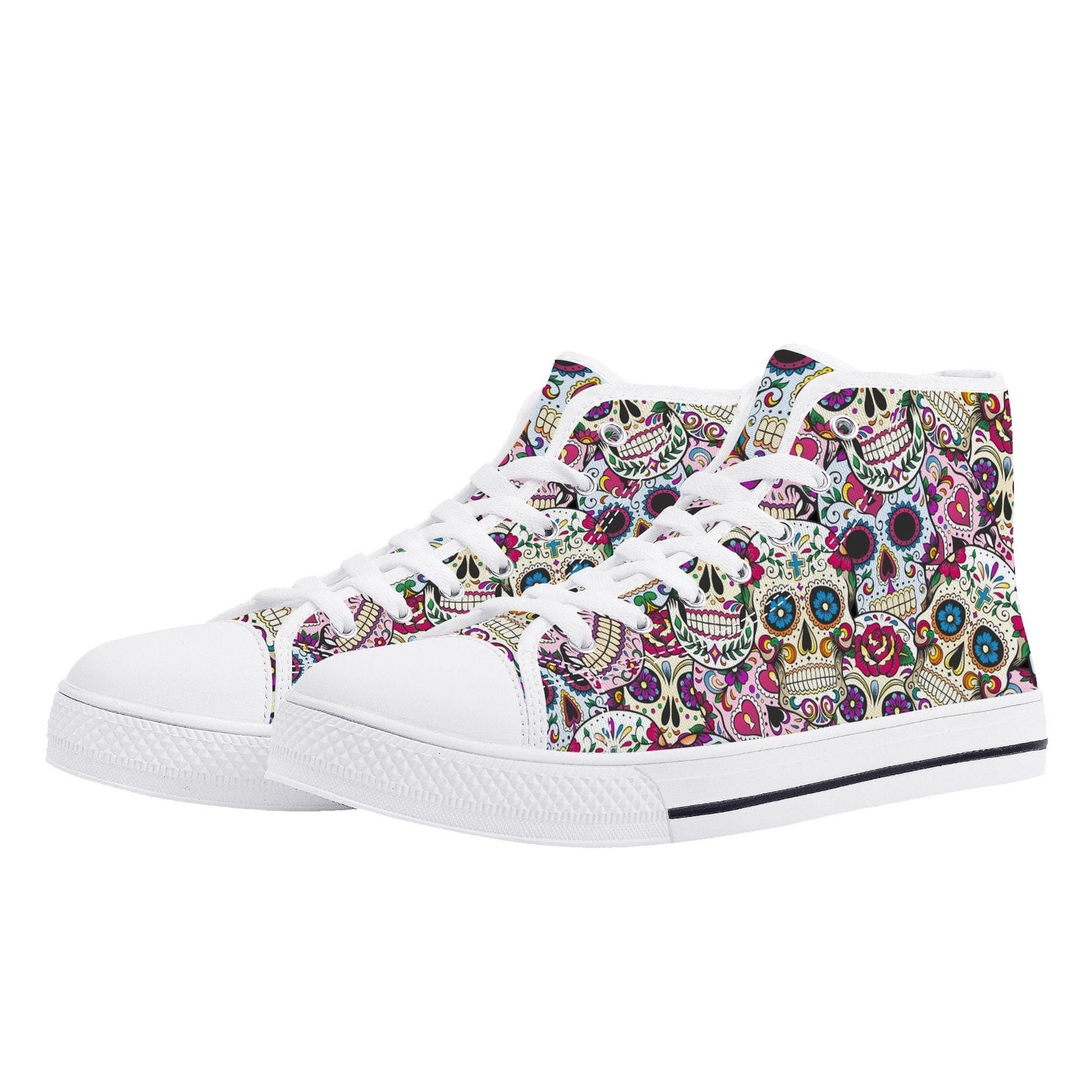 Mexican skull women sneakers, candy skull hight top sneakers, calaveras skull high-top shoes, floral sugar skull shoes gift, calaveras skull