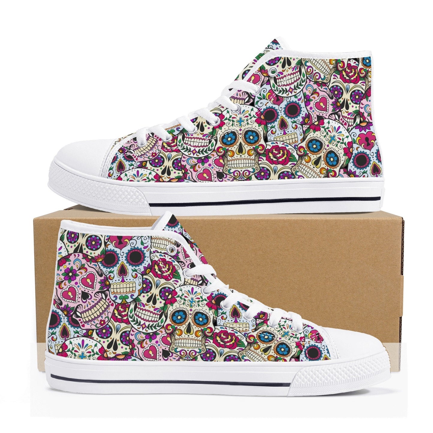 Mexican skull women sneakers, candy skull hight top sneakers, calaveras skull high-top shoes, floral sugar skull shoes gift, calaveras skull