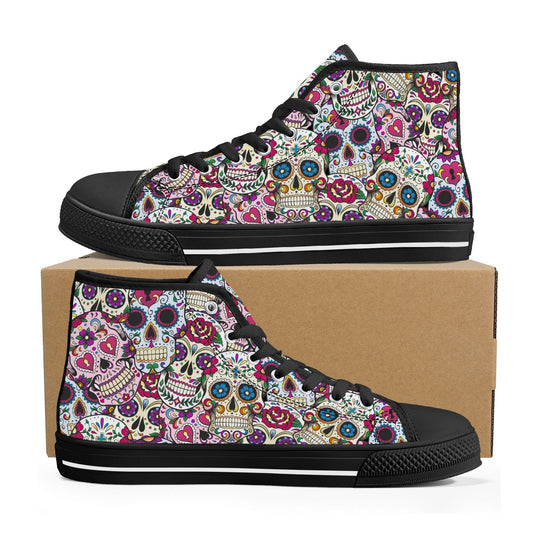 Mexican skull women sneakers, candy skull hight top sneakers, calaveras skull high-top shoes, floral sugar skull shoes gift, calaveras skull