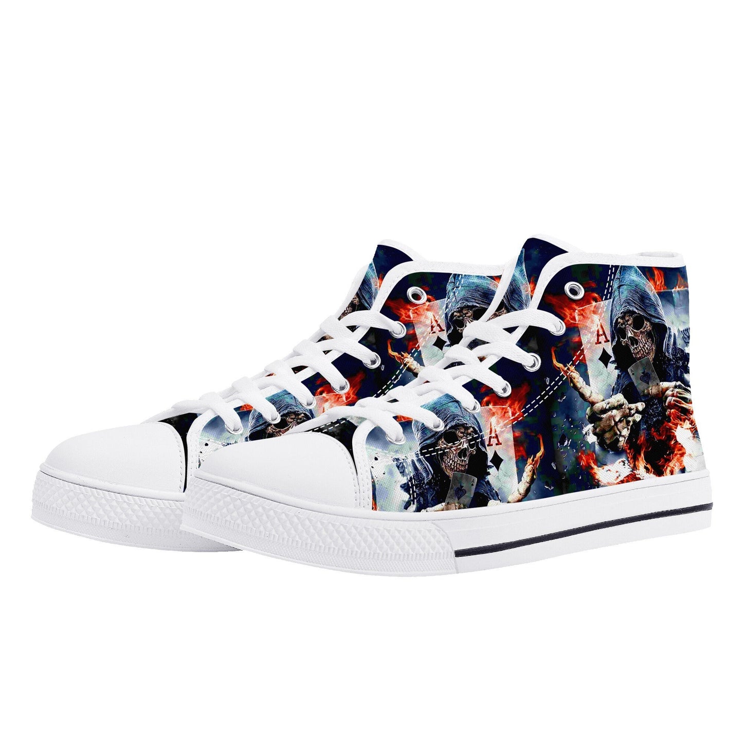 Gothic skull men sneakers, rose skull canvas shoes, horror shoes, skull in fire shoes gift, gothic skull high-top shoes, biker skull shoes