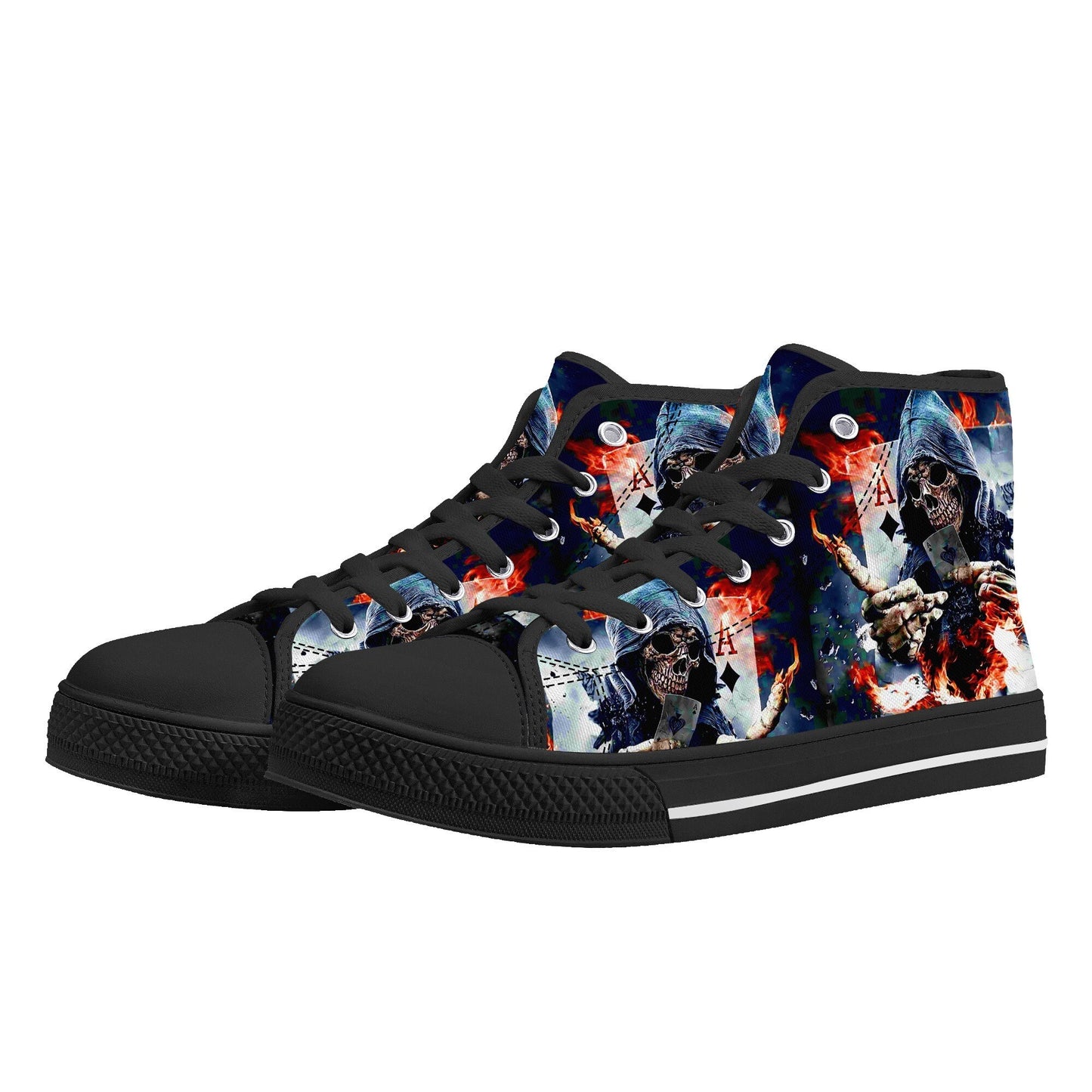 Gothic skull men sneakers, rose skull canvas shoes, horror shoes, skull in fire shoes gift, gothic skull high-top shoes, biker skull shoes