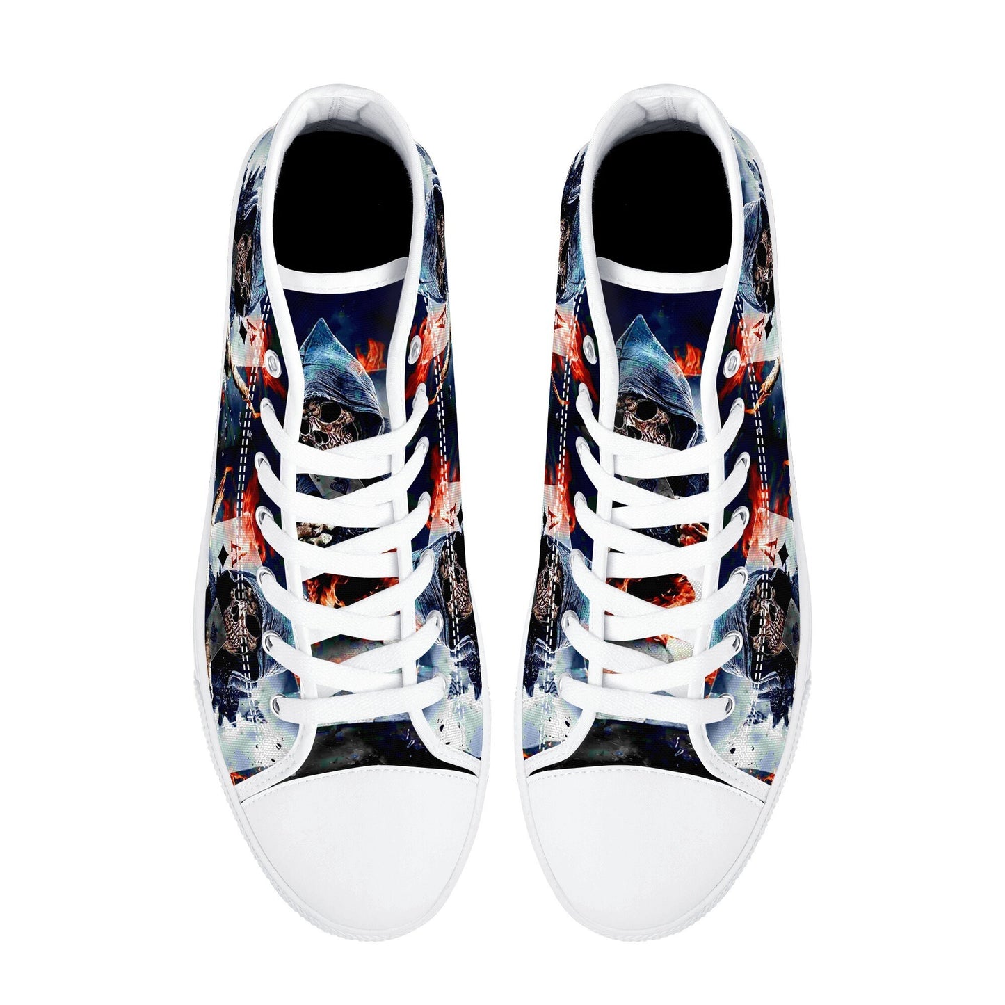 Gothic skull men sneakers, rose skull canvas shoes, horror shoes, skull in fire shoes gift, gothic skull high-top shoes, biker skull shoes