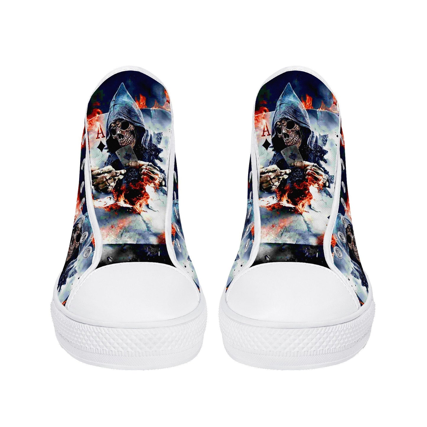 Gothic skull men sneakers, rose skull canvas shoes, horror shoes, skull in fire shoes gift, gothic skull high-top shoes, biker skull shoes