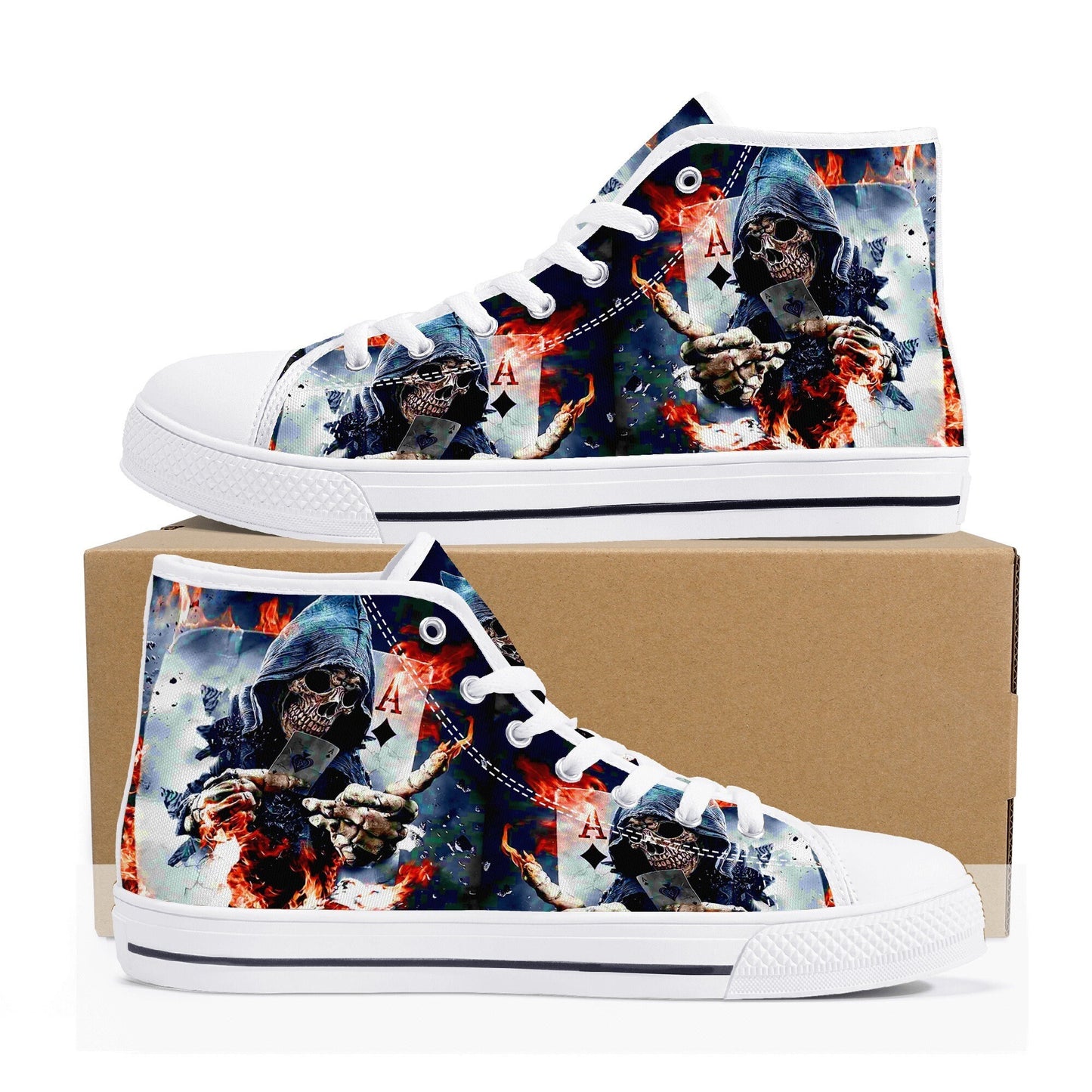 Gothic skull men sneakers, rose skull canvas shoes, horror shoes, skull in fire shoes gift, gothic skull high-top shoes, biker skull shoes