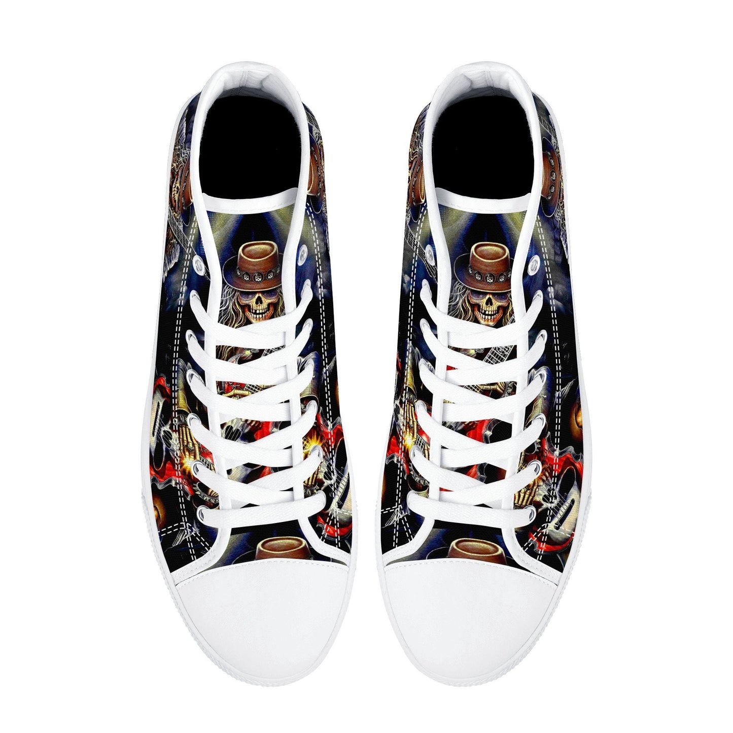 Guitarist skull high top shoes, goth high-top shoes, floral skull shoes for her, biker skull men sneakers, skeleton gothic women sneakers