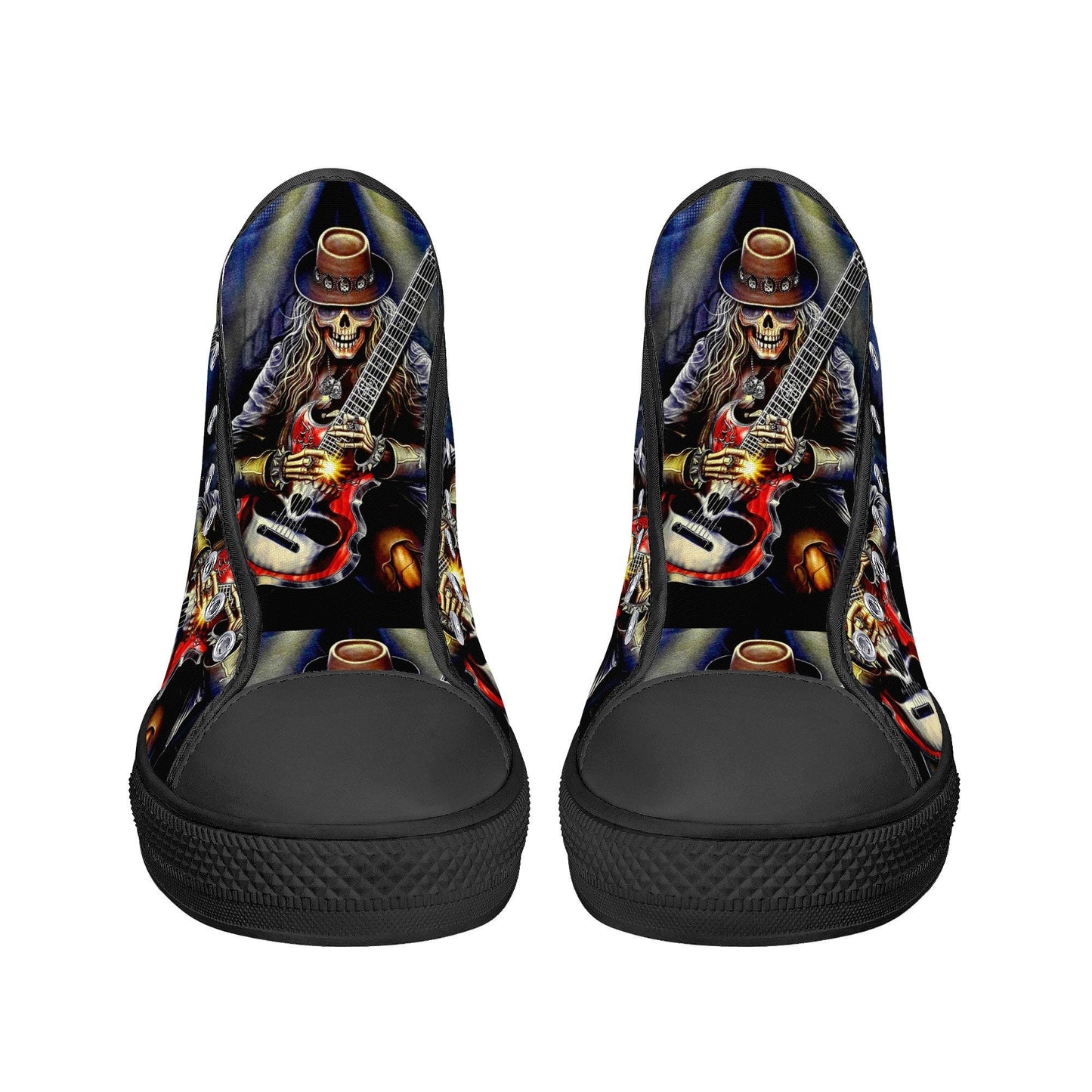 Guitarist skull high top shoes, goth high-top shoes, floral skull shoes for her, biker skull men sneakers, skeleton gothic women sneakers