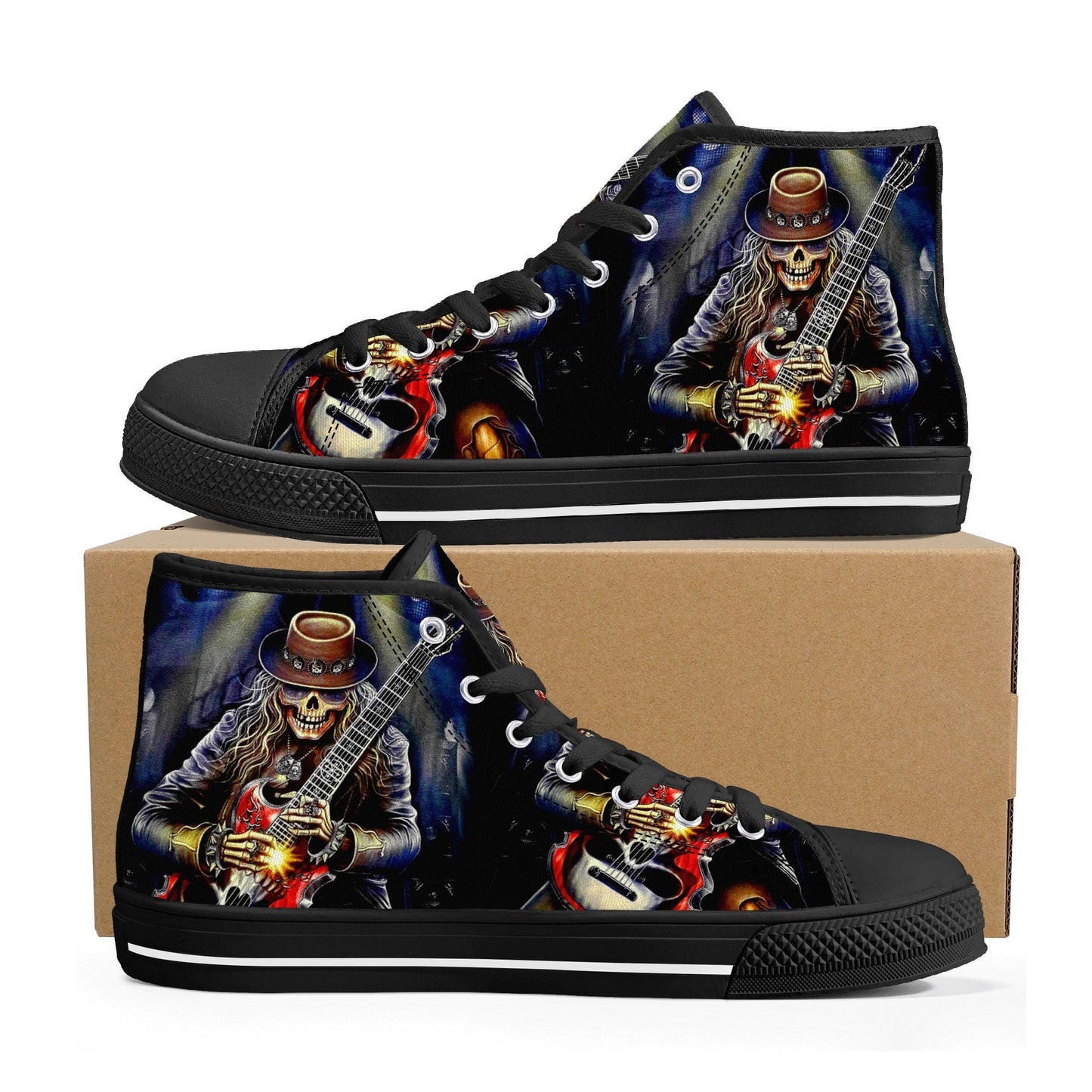 Guitarist skull high top shoes, goth high-top shoes, floral skull shoes for her, biker skull men sneakers, skeleton gothic women sneakers