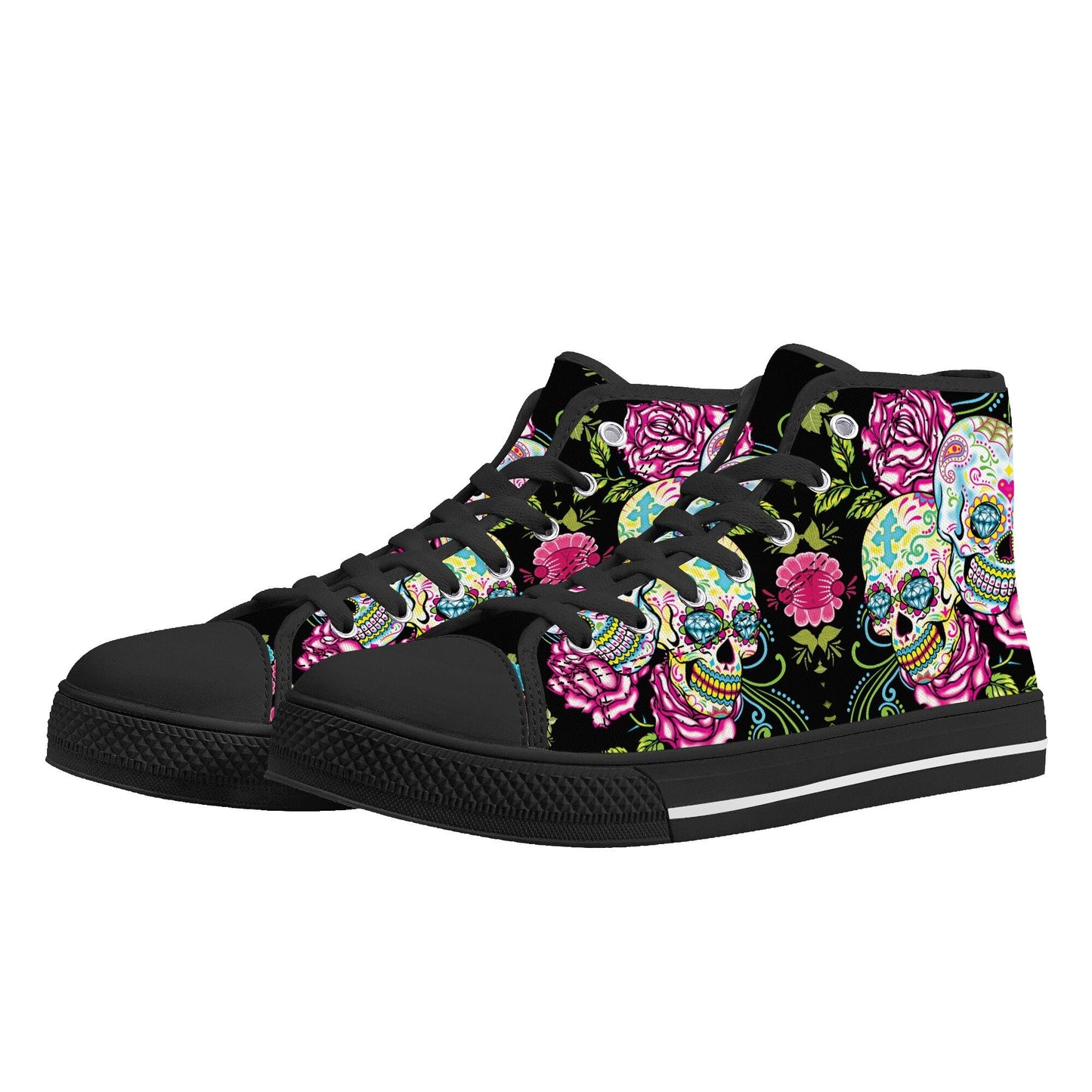 Day of the dead high-top shoes, mexico canvas shoes, floral skull shoes gift, cinco de mayo skull high-top shoes, sugar skull high-top shoes