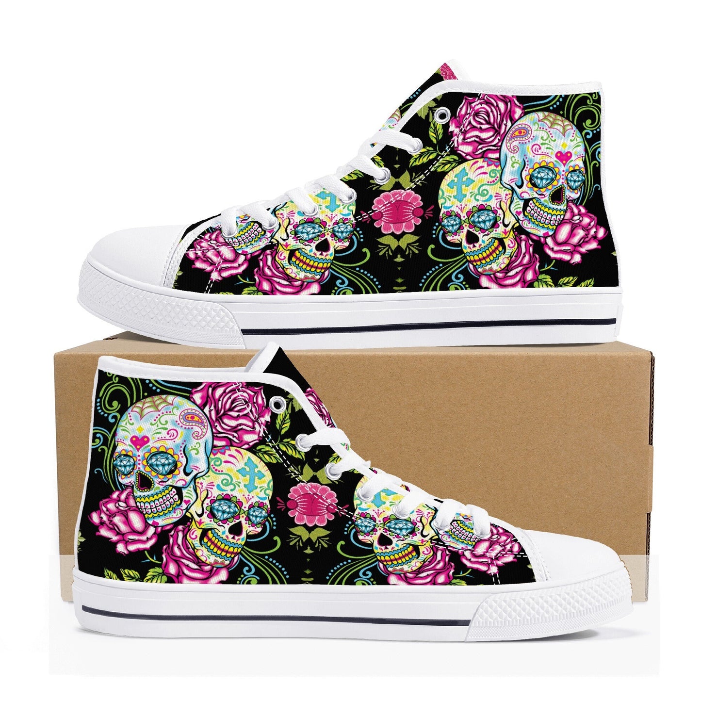 Day of the dead high-top shoes, mexico canvas shoes, floral skull shoes gift, cinco de mayo skull high-top shoes, sugar skull high-top shoes