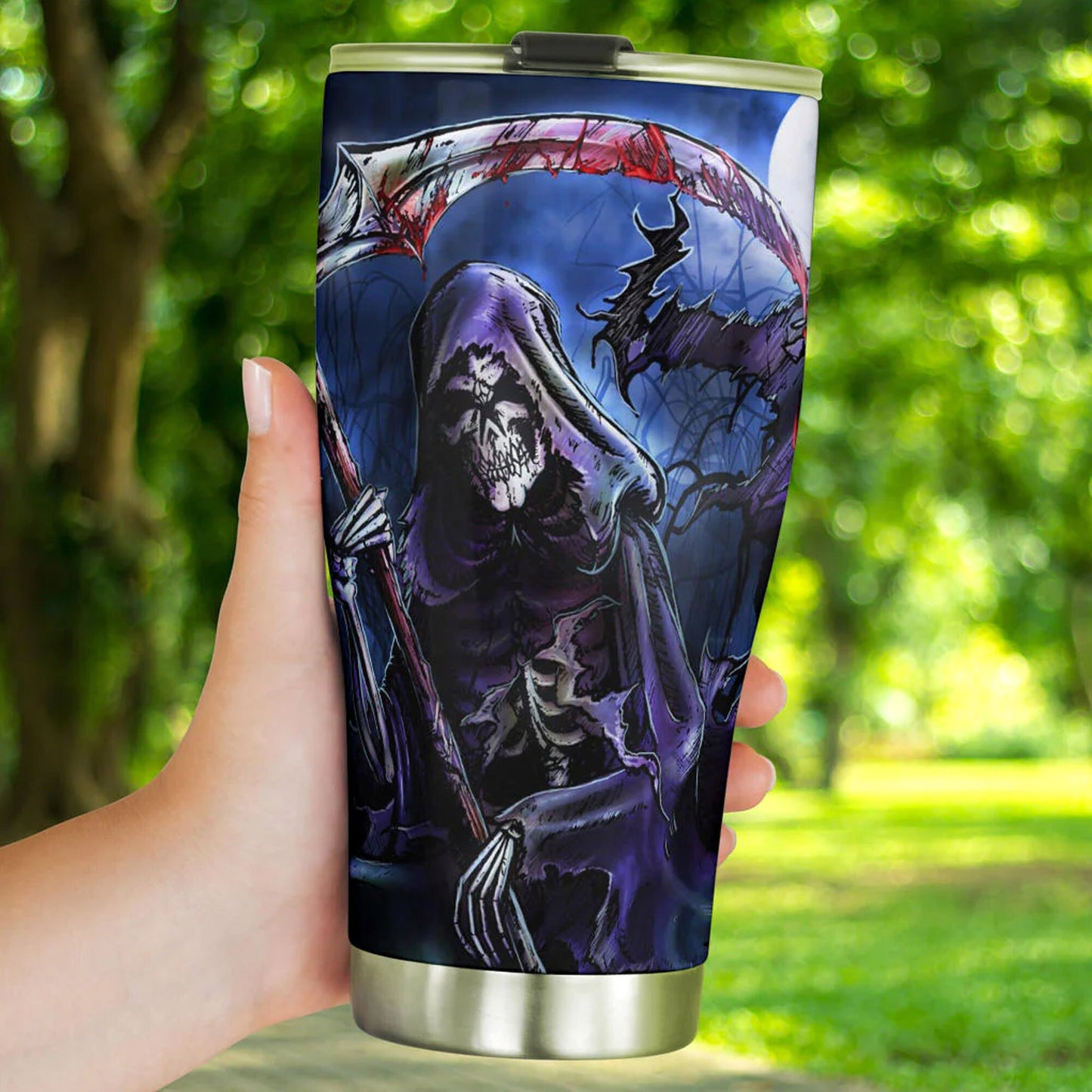 Reaper Skull Mug, death skull mug, halloween tumbler cup mug, evil coffee mug, flower skull beer mug, skull in fire travel mug reaper skull