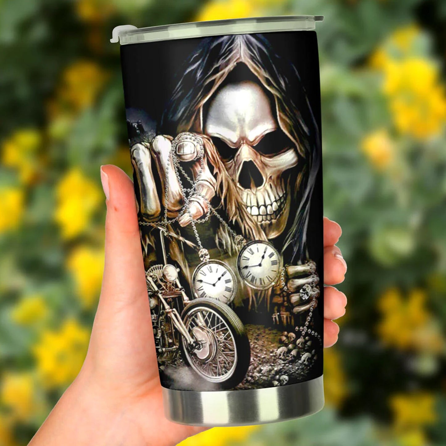 Skull cup, grim reaper tumbler cup mug, skull coffee mug, skull in fire cup, halloween freezer Mug, flame skull tumbler cup mug, flame skull
