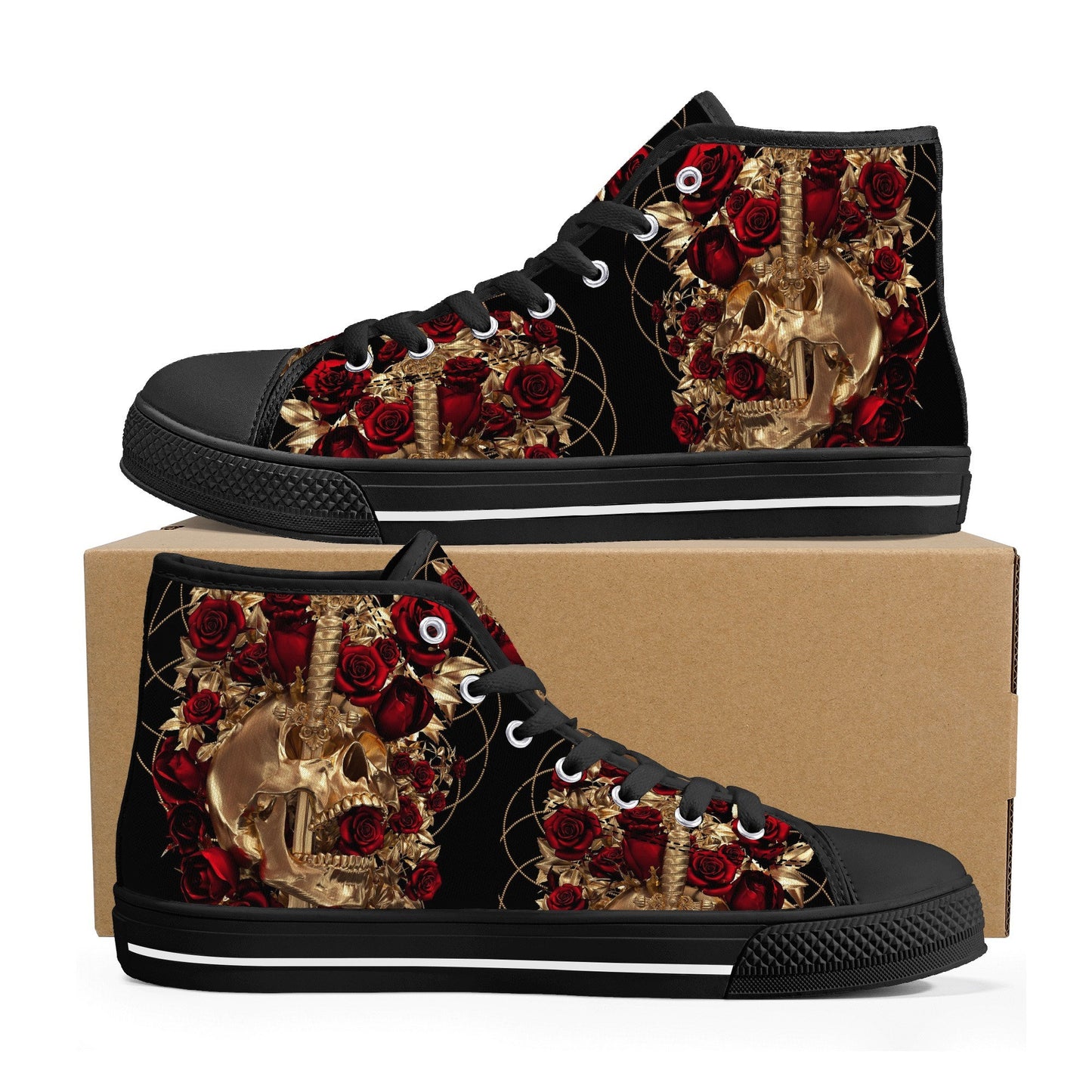 Gothic canvas shoes, halloween high top shoes, biker skull shoes gift, horror causual shoes, biker skull high-top shoes, floral skull shoes
