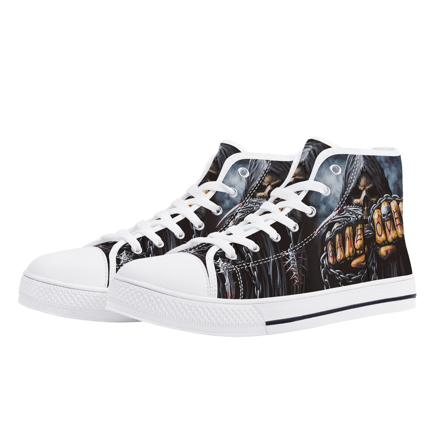 Grim reaper game over skull canvas shoes, reaper skull high top shoes biker skull shoes gift horror causual shoes biker skull high-top shoes