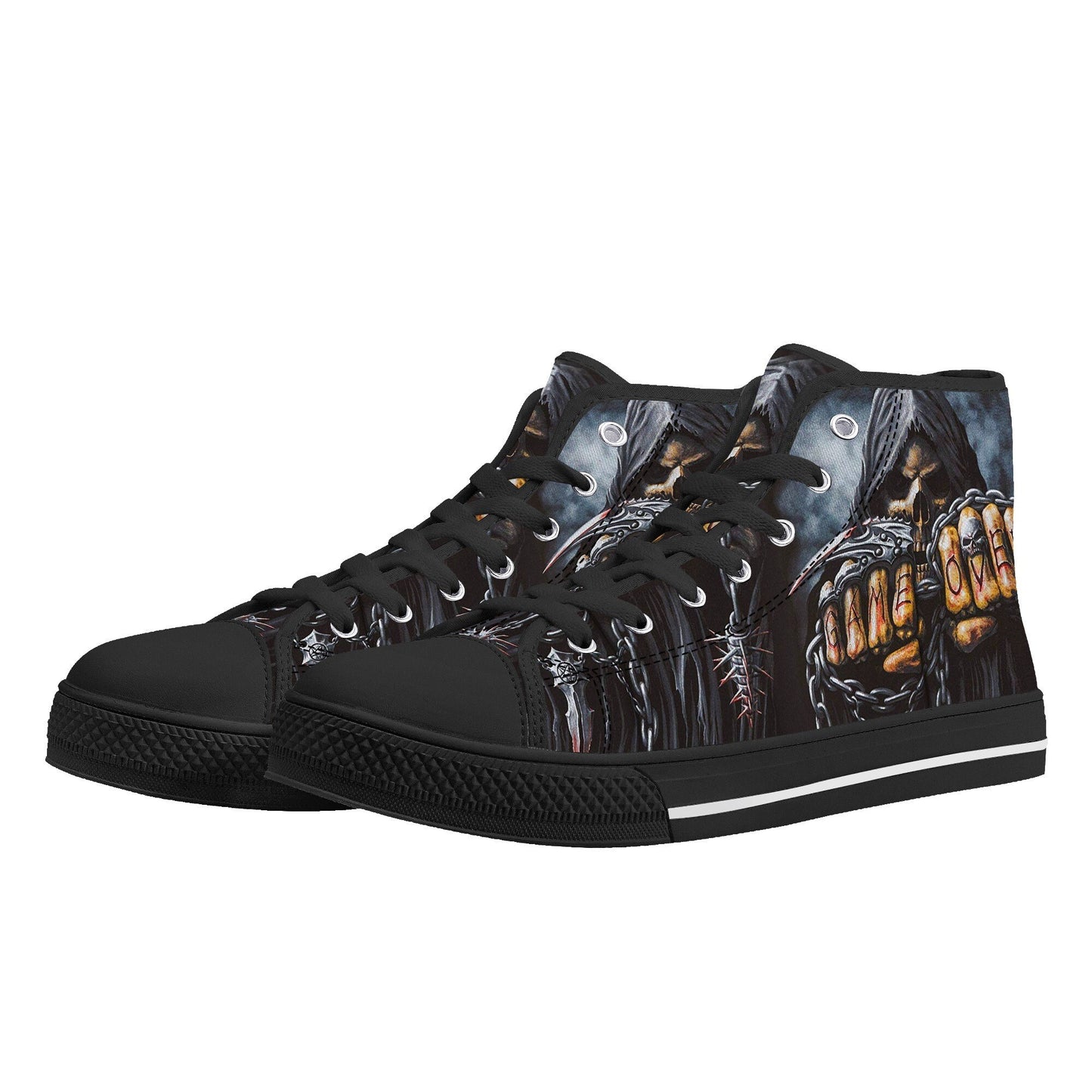 Grim reaper game over skull canvas shoes, reaper skull high top shoes biker skull shoes gift horror causual shoes biker skull high-top shoes