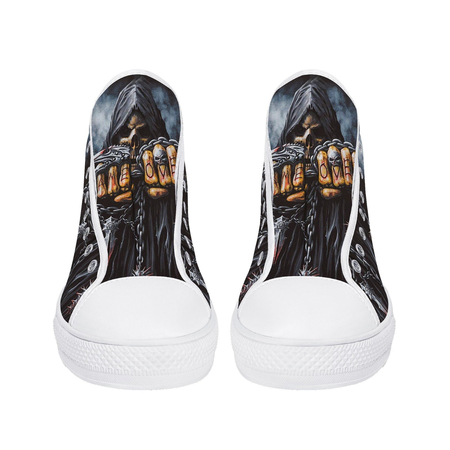 Grim reaper game over skull canvas shoes, reaper skull high top shoes biker skull shoes gift horror causual shoes biker skull high-top shoes