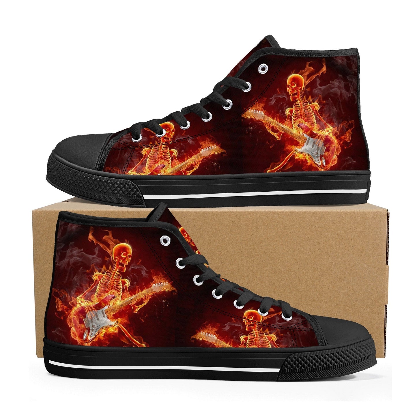Halloween shoes for him, flame skull men sneakers, goth high top shoes, skeleton women sneakers, skull in fire sneakers gift, skull in fire
