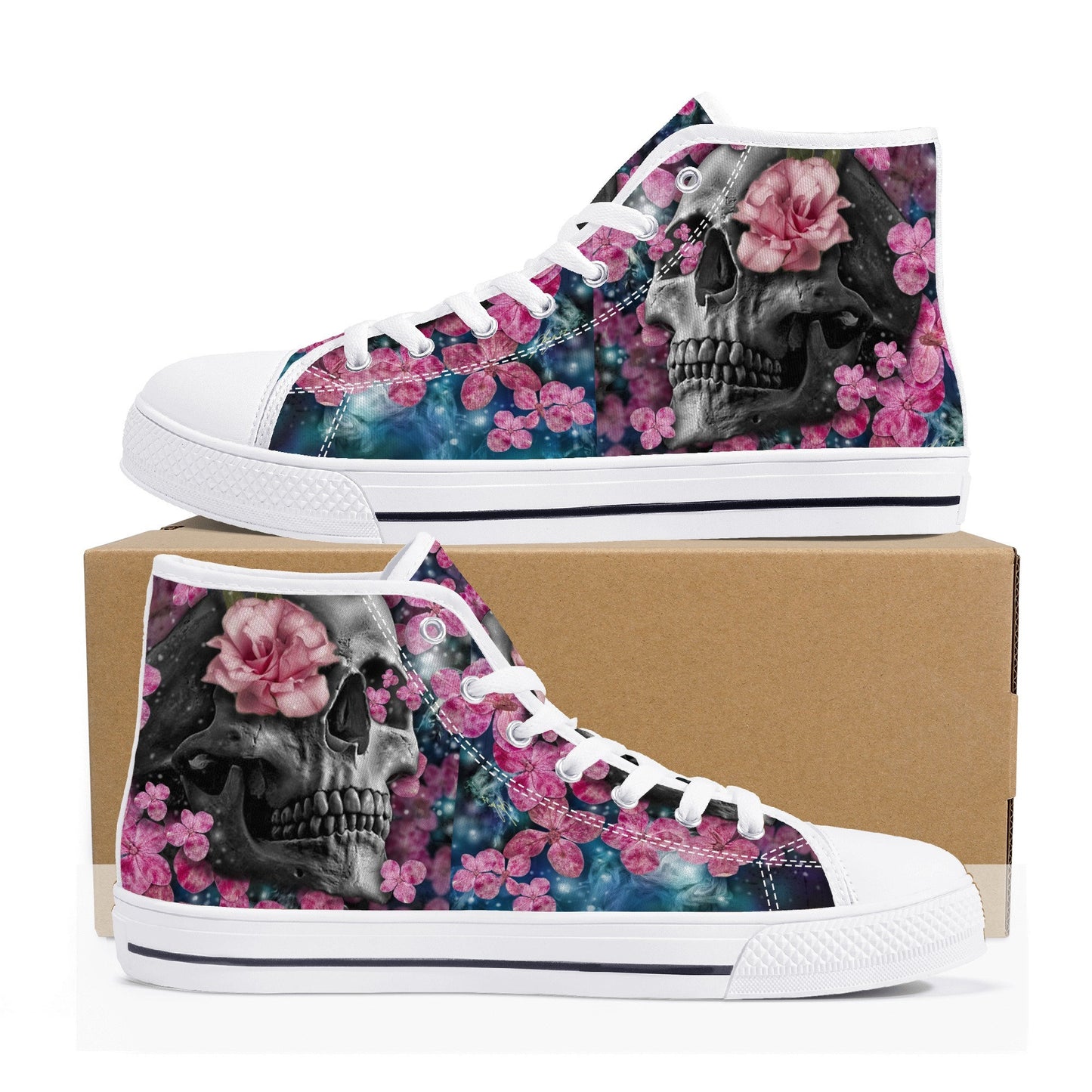 Skull shoes gift goth shoes for him skeleton causual shoes christmas skull shoes gift floral skull canvas shoes, gothic skull high-top shoes