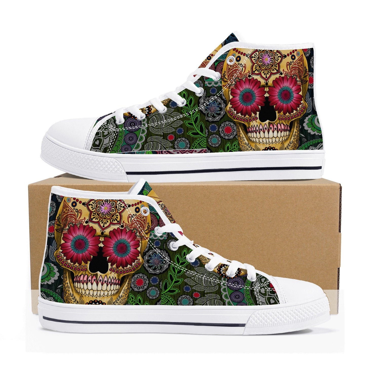 Floral sugar skull sneakers, sugar skull girl hight top sneakers, cinco de mayo skull women shoes, day of the dead women sneakers shoes