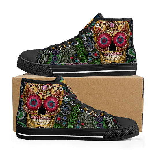 Floral sugar skull sneakers, sugar skull girl hight top sneakers, cinco de mayo skull women shoes, day of the dead women sneakers shoes