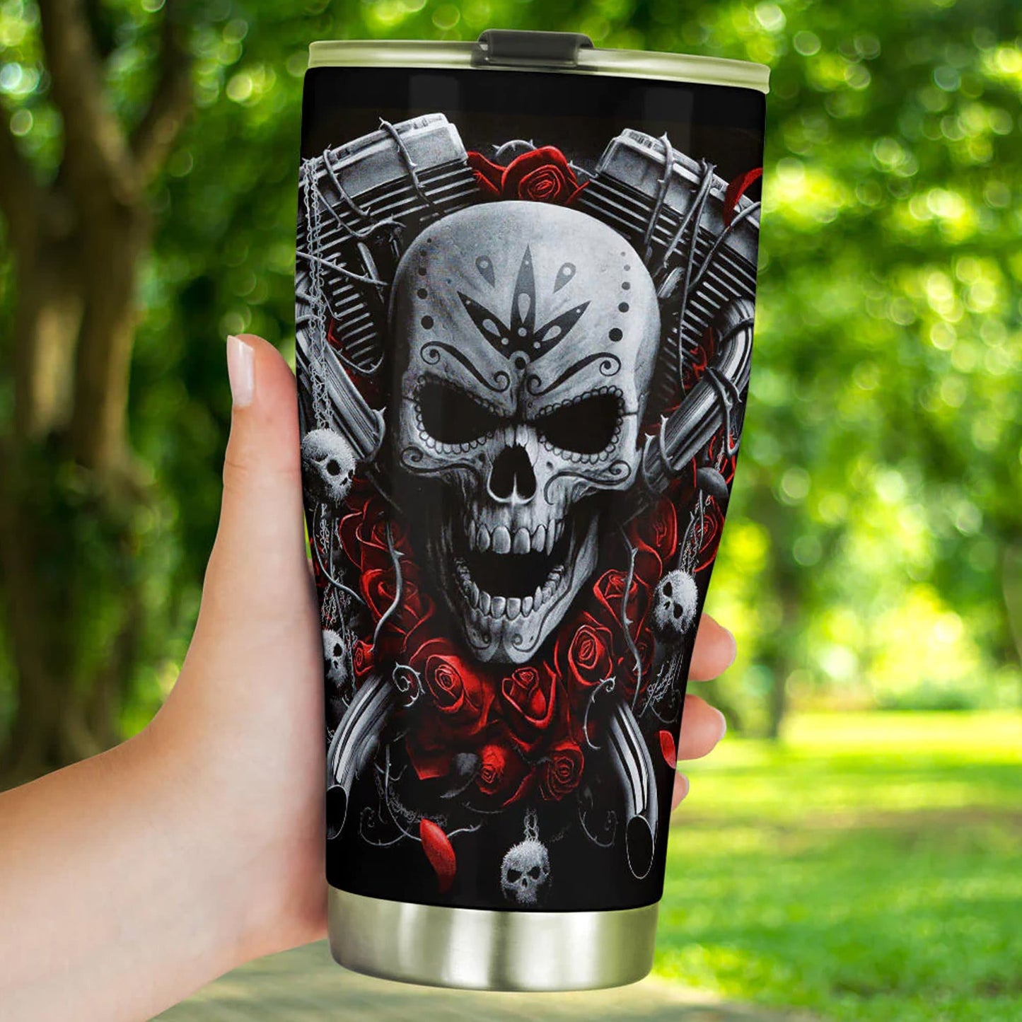 Biker skull tumblr, flaming skull tumbler, motorcycle skull freezer Mug halloween freezer Mug Motorcycle skull tumbler, skeleton freezer mug