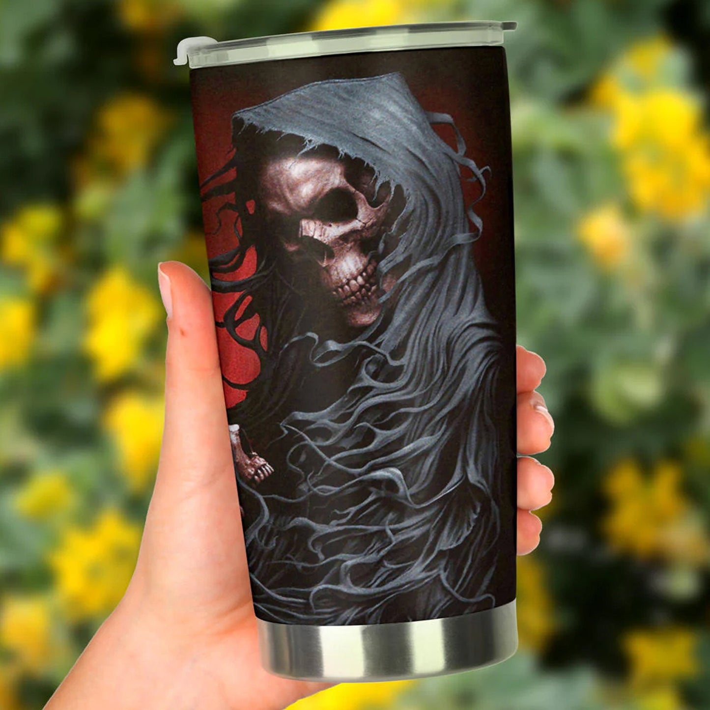 Horror mug, flame skull tumblr, skeleton freezer Mug, rose skull tumblr, flaming skull cup, gothic skull freezer Mug, floral skull tumbler
