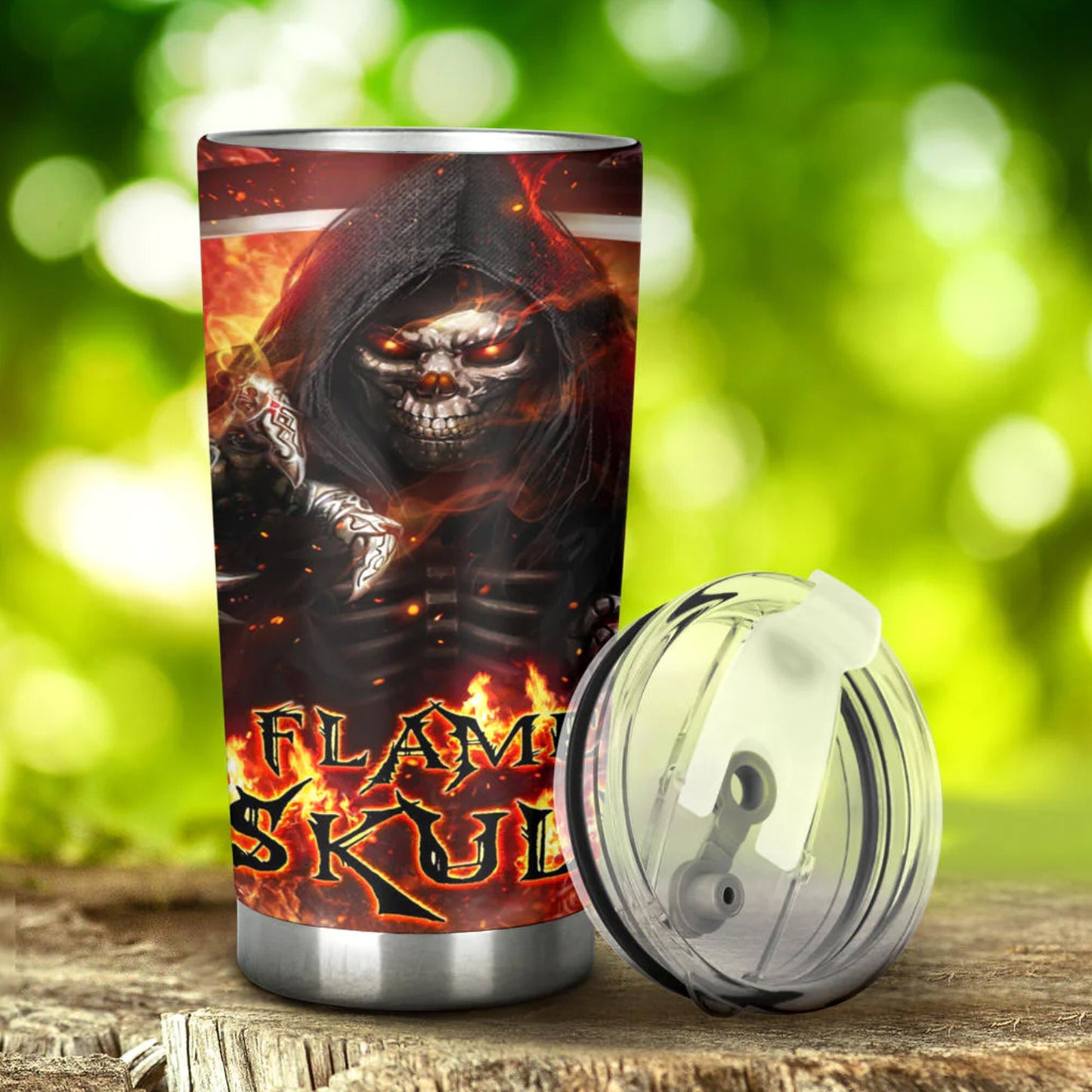 Skull in fire tumbler cup mug, goth jumbo Mug, rose skull beer mug, skeleton cup, halloween coffee mug, flaming skull cup, goth coffee mug