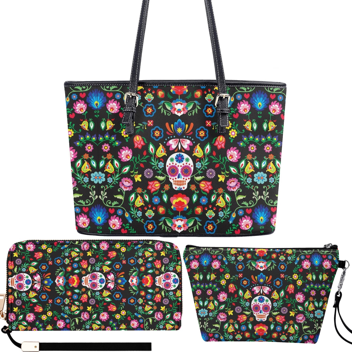 Floral sugar skull purse, floral skull bag with shoulder strap, day of the dead purse mexico cosmetic wallet floral sugar skull cosmetic bag