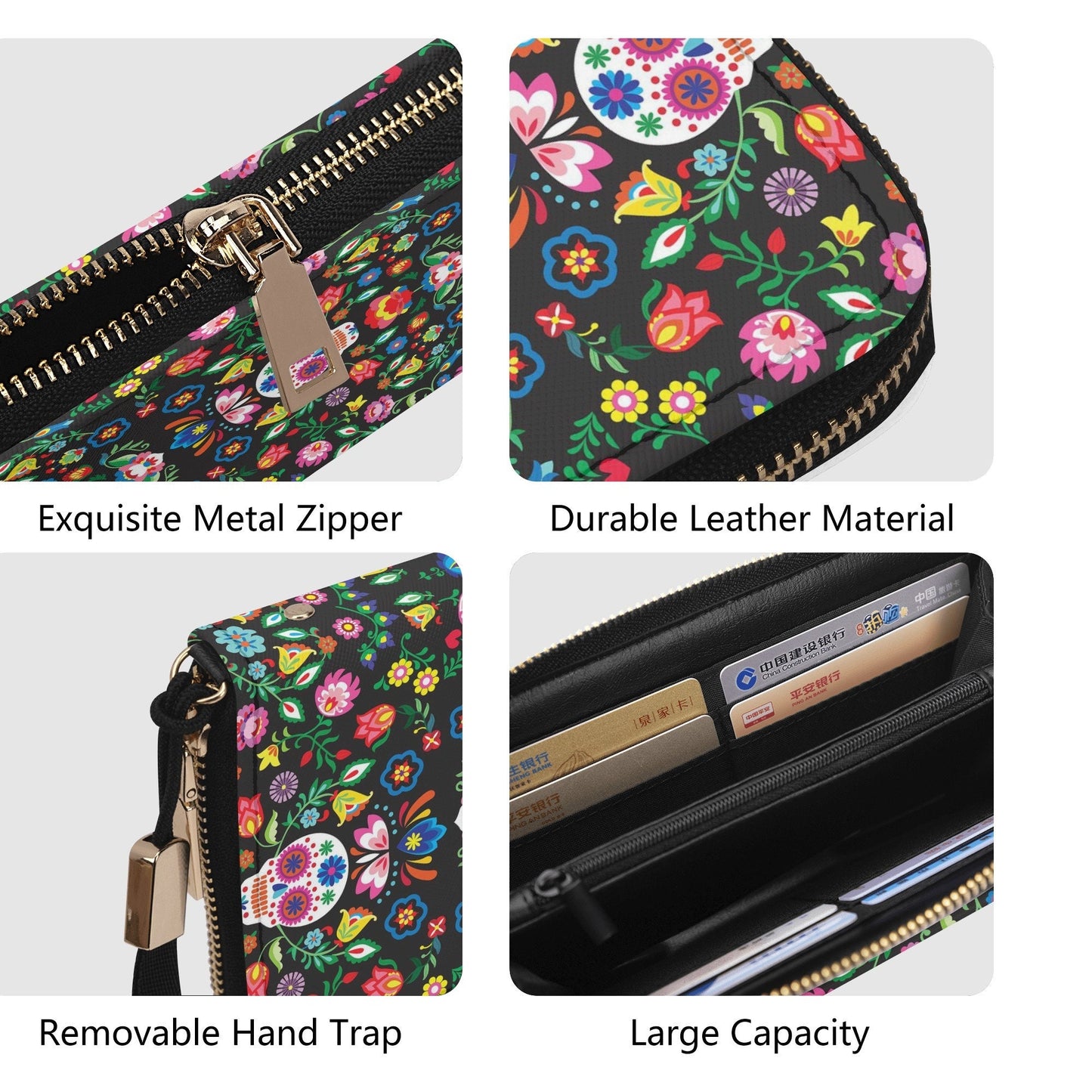 Floral sugar skull purse, floral skull bag with shoulder strap, day of the dead purse mexico cosmetic wallet floral sugar skull cosmetic bag