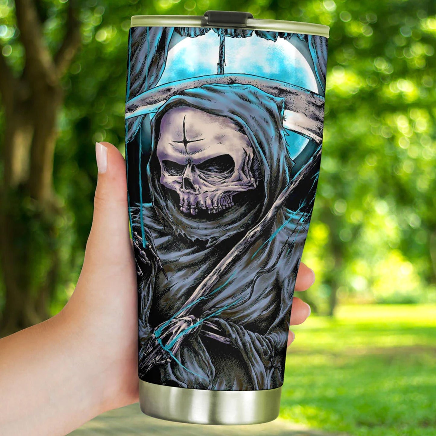 Motorcycle skull cup, horror beer mug, horror mug, grim reaper tumbler cup mug, biker skull travel mug, skull beer mug, flower skull tumblr