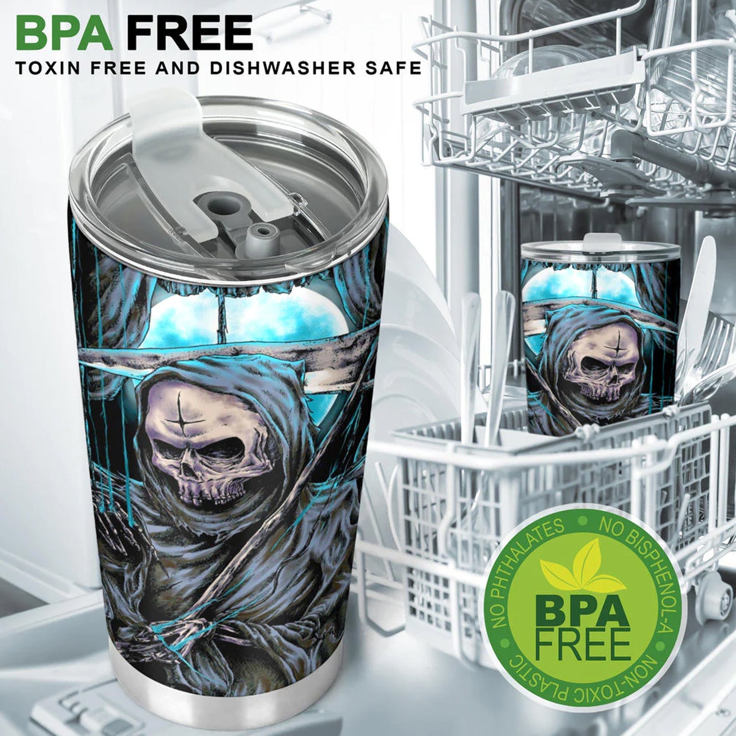 Motorcycle skull cup, horror beer mug, horror mug, grim reaper tumbler cup mug, biker skull travel mug, skull beer mug, flower skull tumblr