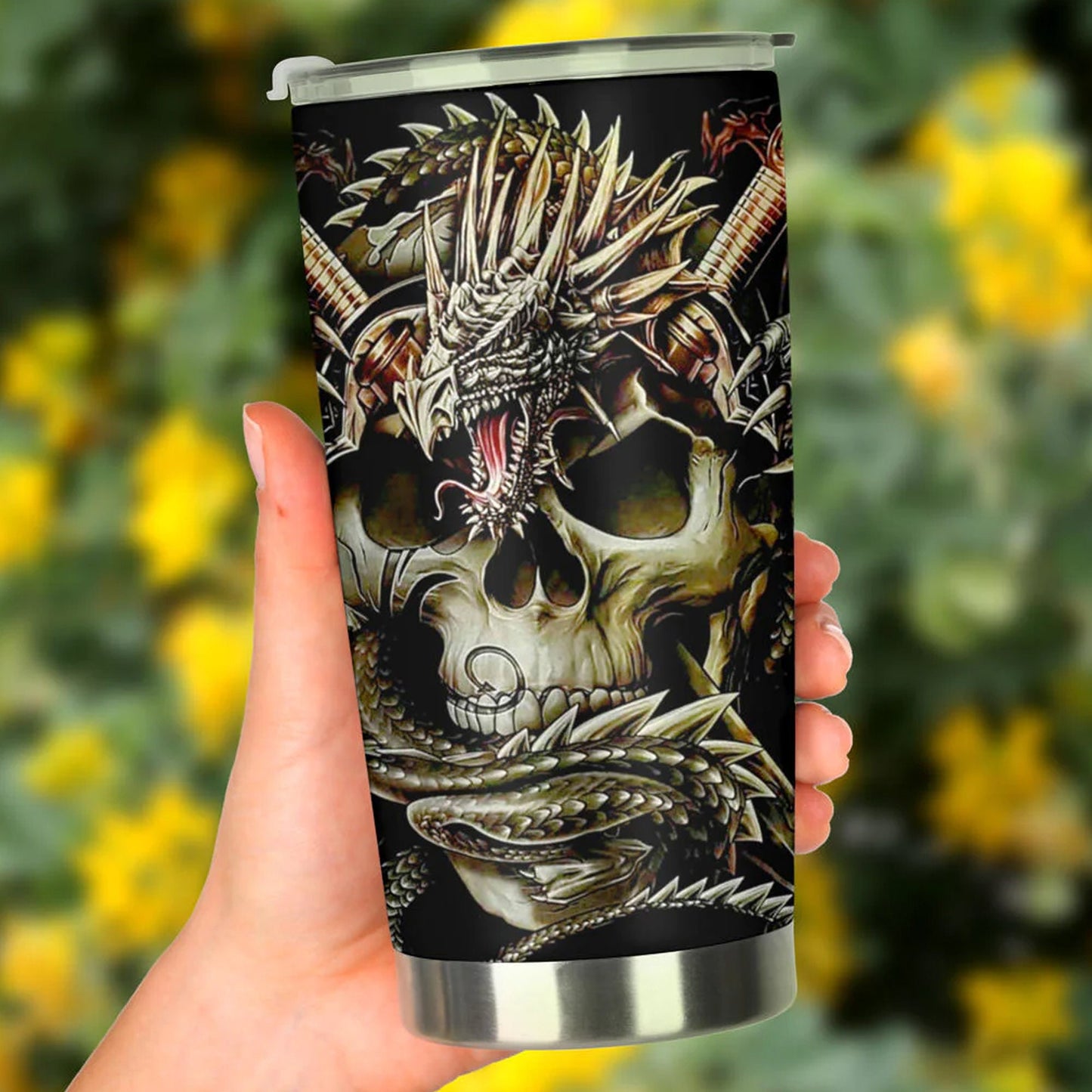 Dragon skull tumbler cup mug, skull in fire coffee mug, evil beer mug, skull freezer Mug, death skull beer mug, biker skull beer mug tumbler