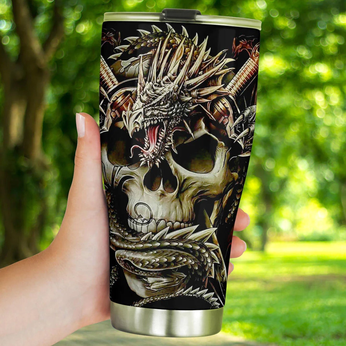 Dragon skull tumbler cup mug, skull in fire coffee mug, evil beer mug, skull freezer Mug, death skull beer mug, biker skull beer mug tumbler