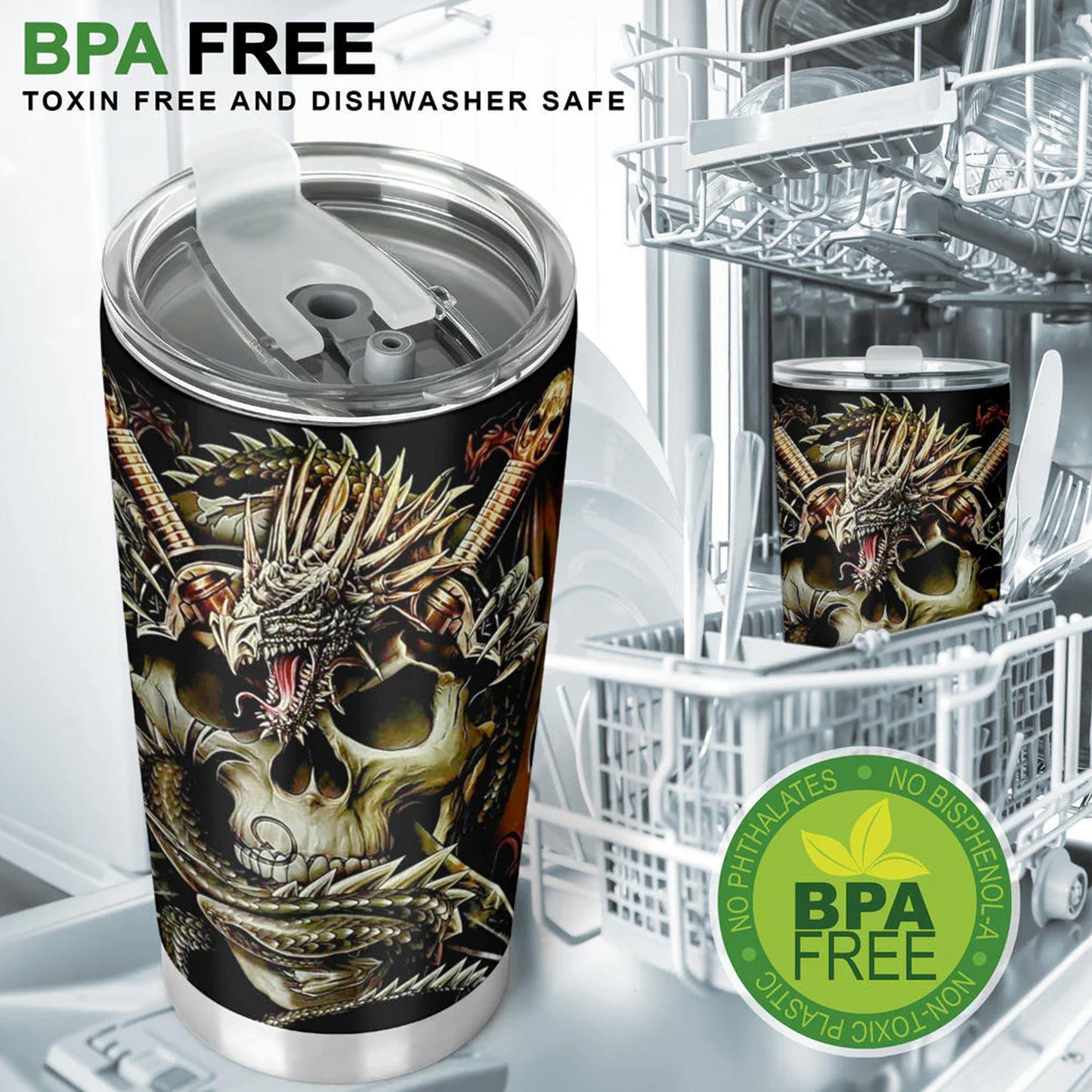 Dragon skull tumbler cup mug, skull in fire coffee mug, evil beer mug, skull freezer Mug, death skull beer mug, biker skull beer mug tumbler
