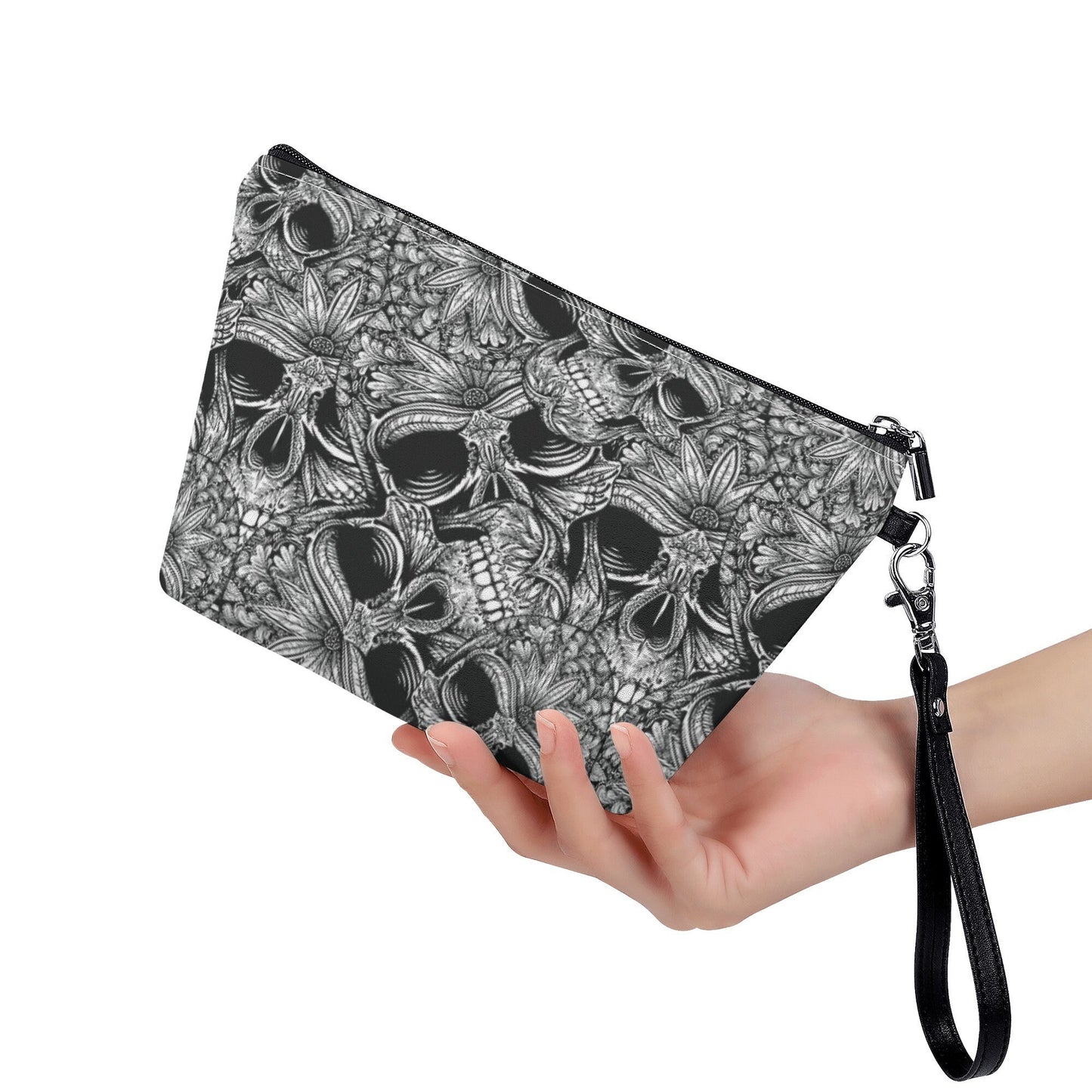 Horror wallet, flaming skull cosmetic bag, skeleton bag with shoulder strap, rose skull messenger bag, skeleton crossbody bag, flame skull