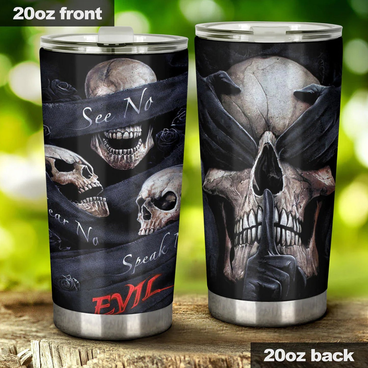 No see no hear no speak evil skull tumbler cup mug, Punisher skull tumbler cup mug, biker skull travel mug, christmas skull mug, gothic mug