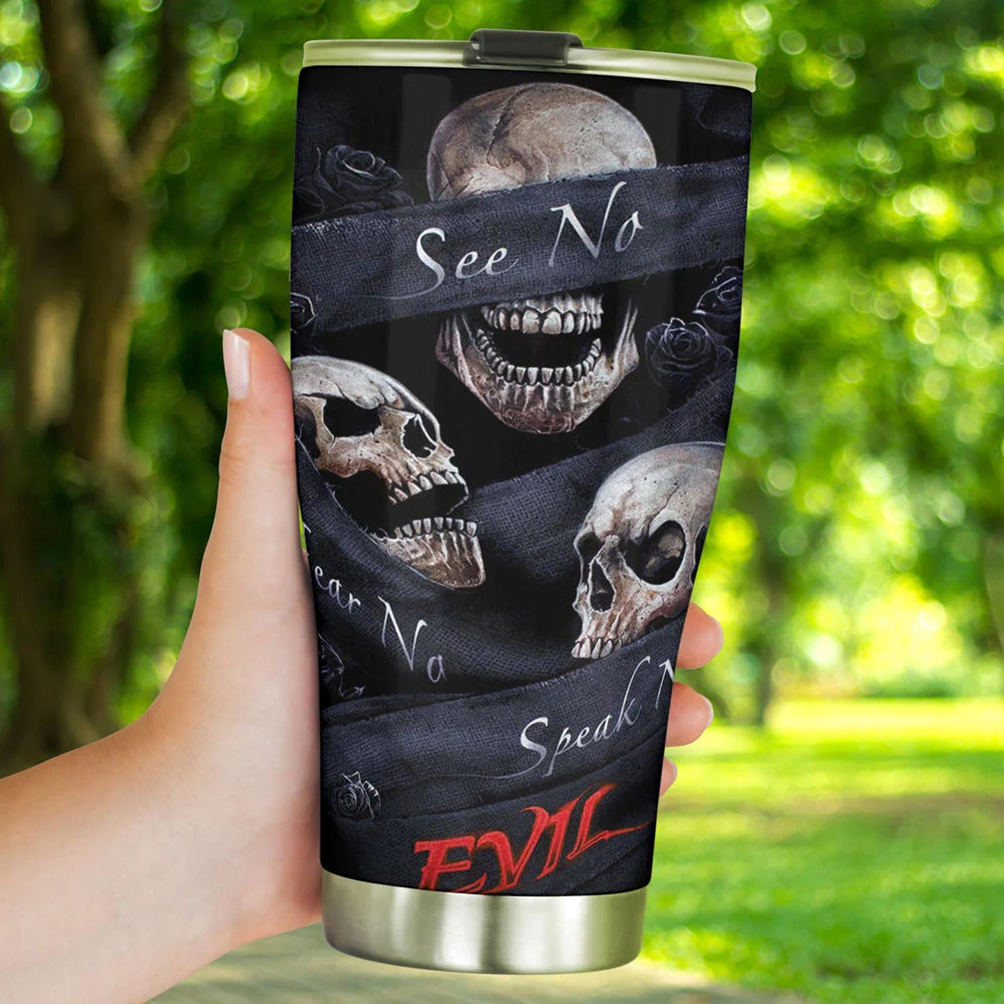 No see no hear no speak evil skull tumbler cup mug, Punisher skull tumbler cup mug, biker skull travel mug, christmas skull mug, gothic mug