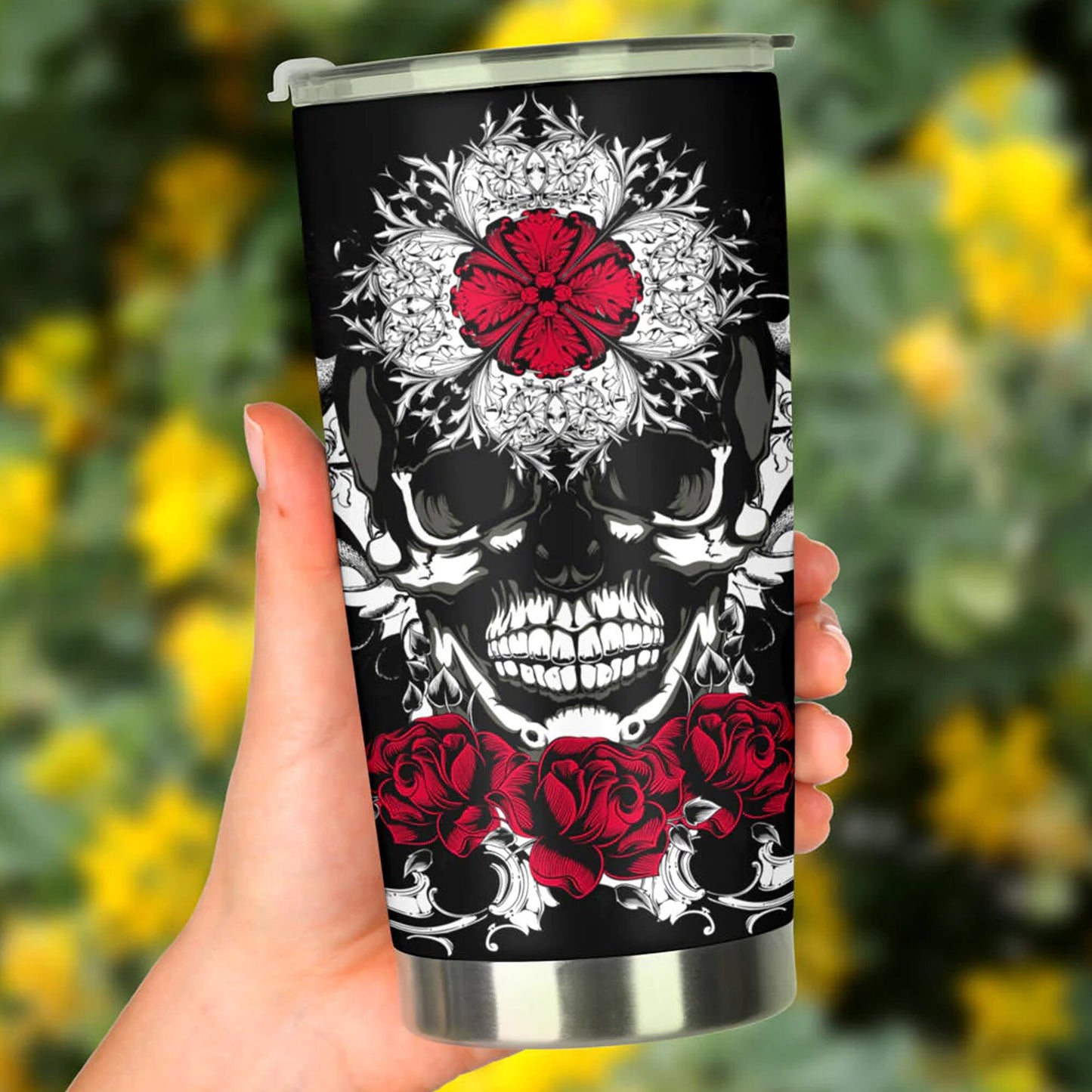 Skull in fire jumbo Mug, evil cup, gothic skull tumbler cup mug, skeleton cup, flower skull freezer Mug, evil beer mug, flower skull mug cup