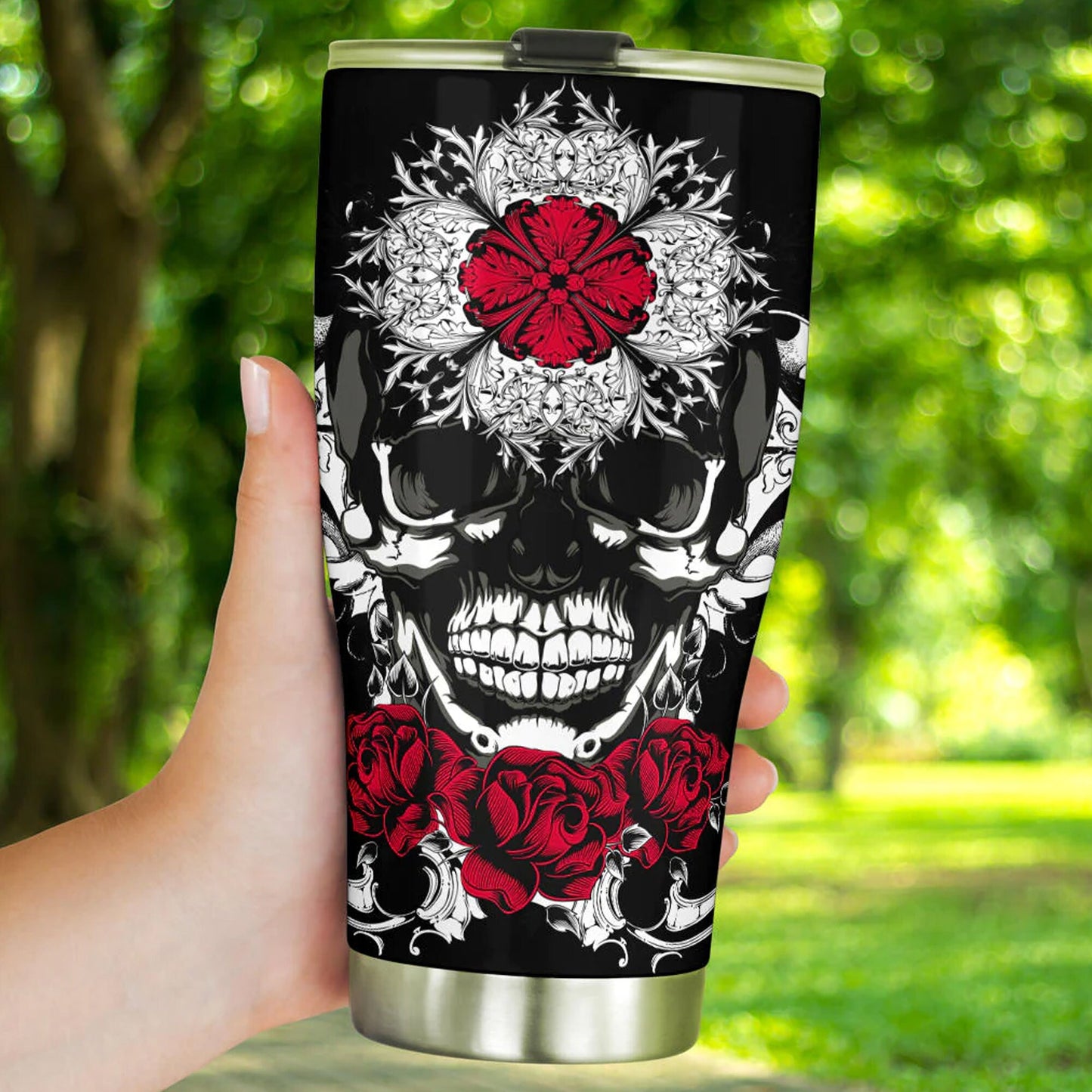 Skull in fire jumbo Mug, evil cup, gothic skull tumbler cup mug, skeleton cup, flower skull freezer Mug, evil beer mug, flower skull mug cup