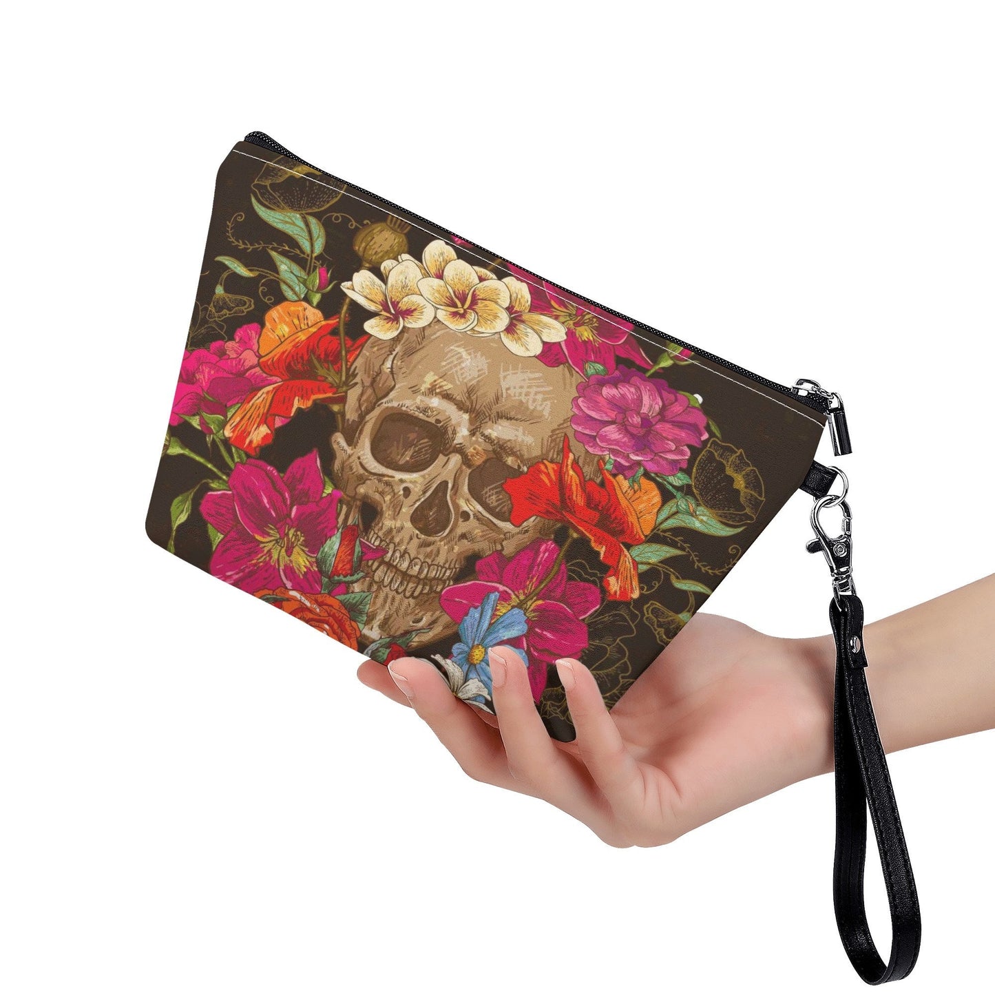 Halloween long wallet, floral skull crossbody bag gothic skull wallet, flaming skull purse, floral skull purse, gothic skull long wallet bag