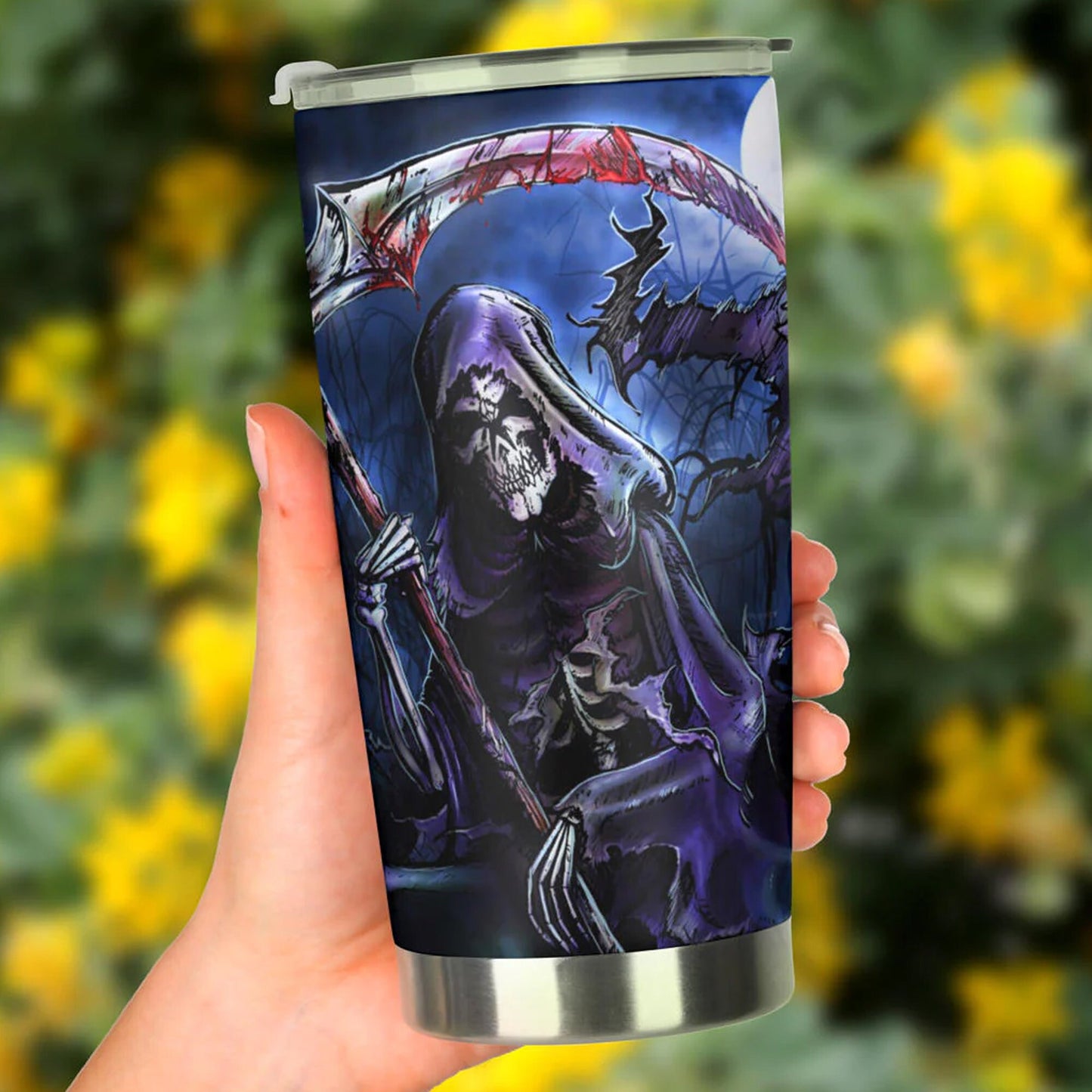 Reaper Skull Mug, death skull mug, halloween tumbler cup mug, evil coffee mug, flower skull beer mug, skull in fire travel mug reaper skull