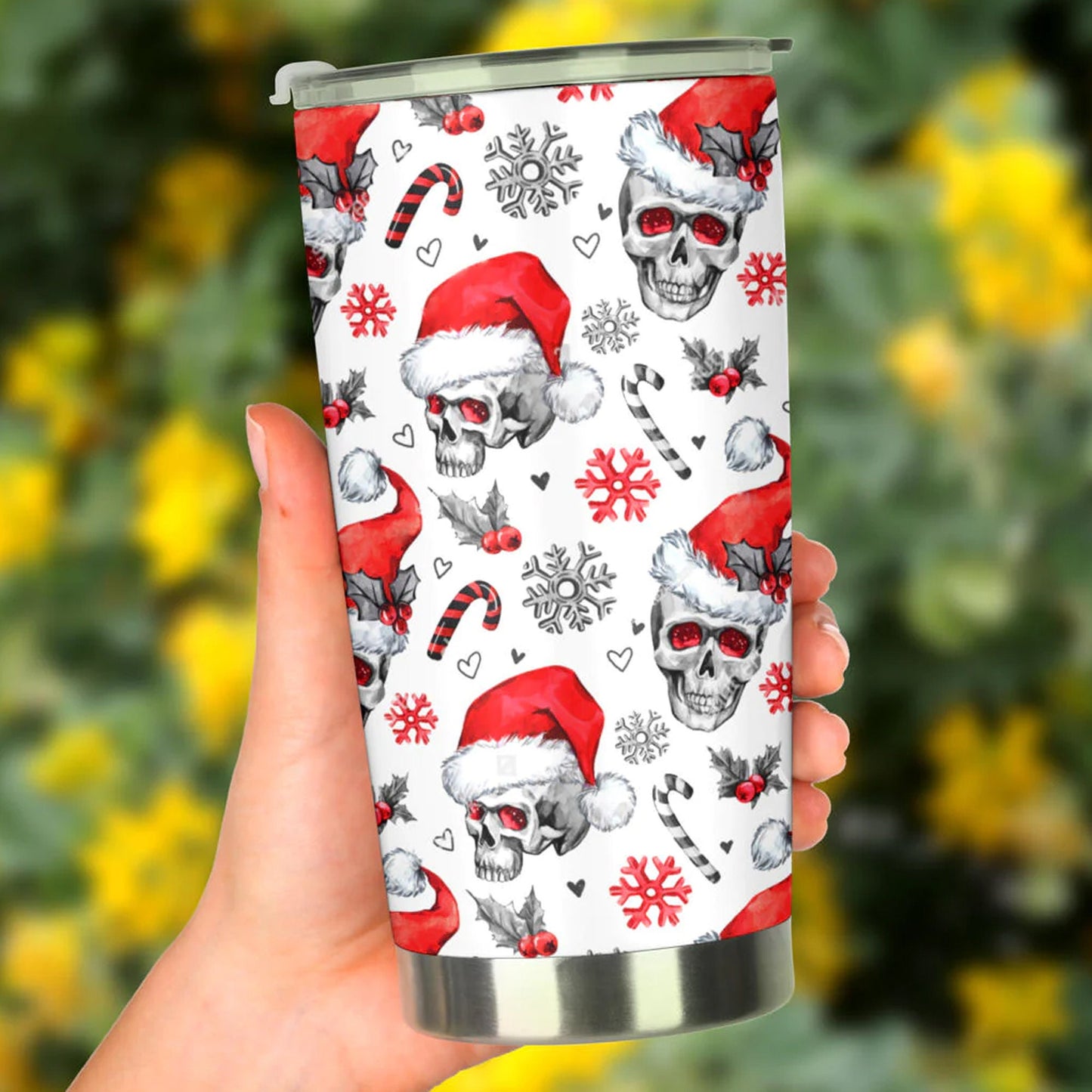 Santa claus skull tumbler, flaming skull Mug, evil tumbler, death skull freezer Mug, biker skull tumbler cup mug, halloween tumbler cup mug