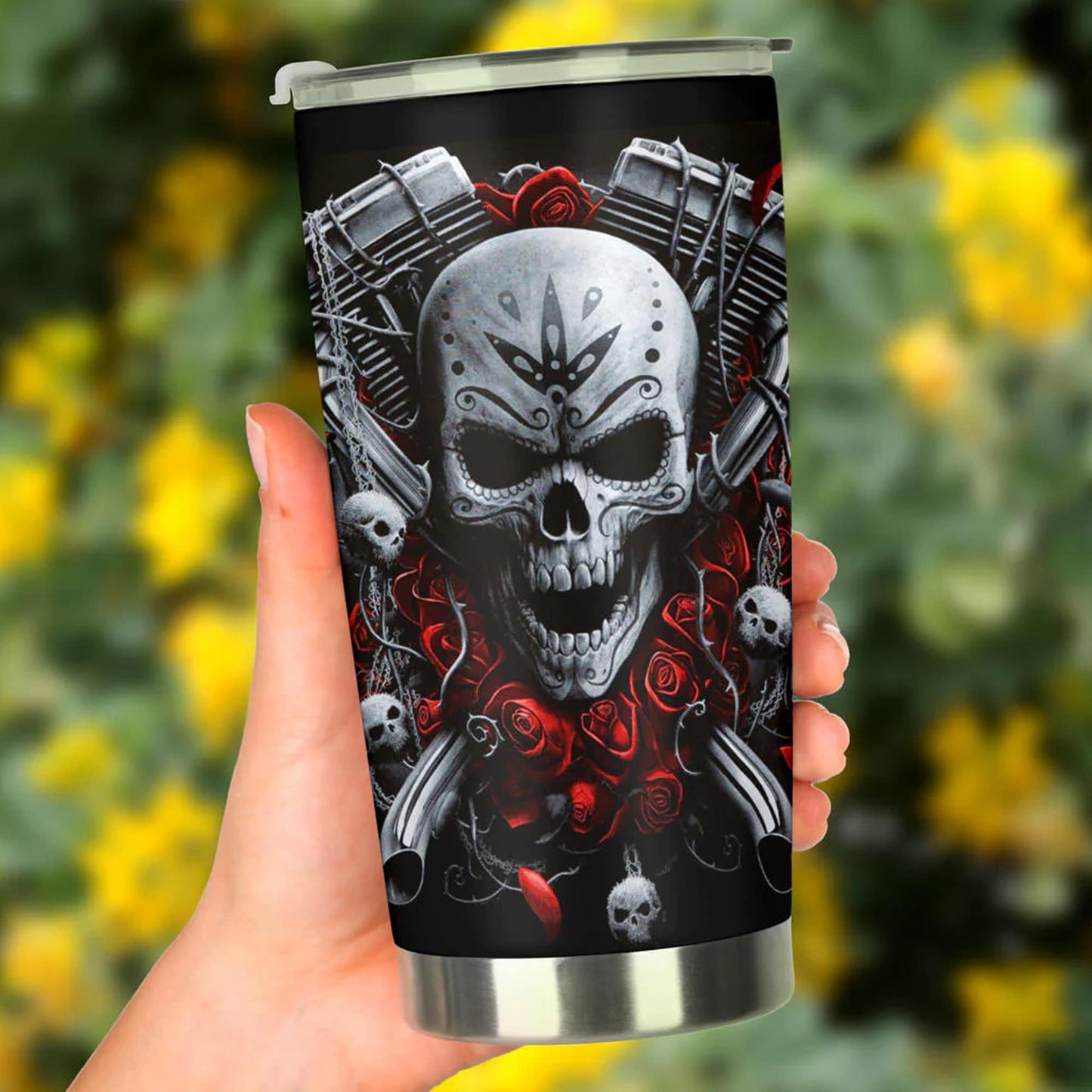 Biker skull tumblr, flaming skull tumbler, motorcycle skull freezer Mug halloween freezer Mug Motorcycle skull tumbler, skeleton freezer mug