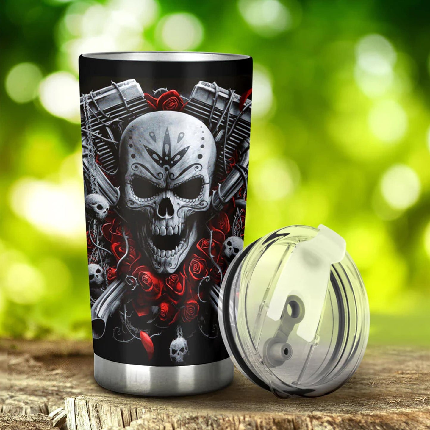 Biker skull tumblr, flaming skull tumbler, motorcycle skull freezer Mug halloween freezer Mug Motorcycle skull tumbler, skeleton freezer mug