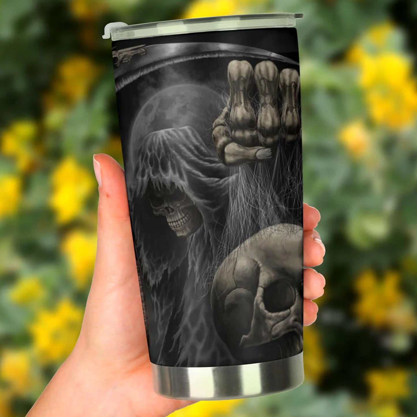 Grim reaper skull tumbler cup mug, horror travel mug, biker skull beer mug, horror coffee mug, gothic skull travel mug, gothic skull cup mug