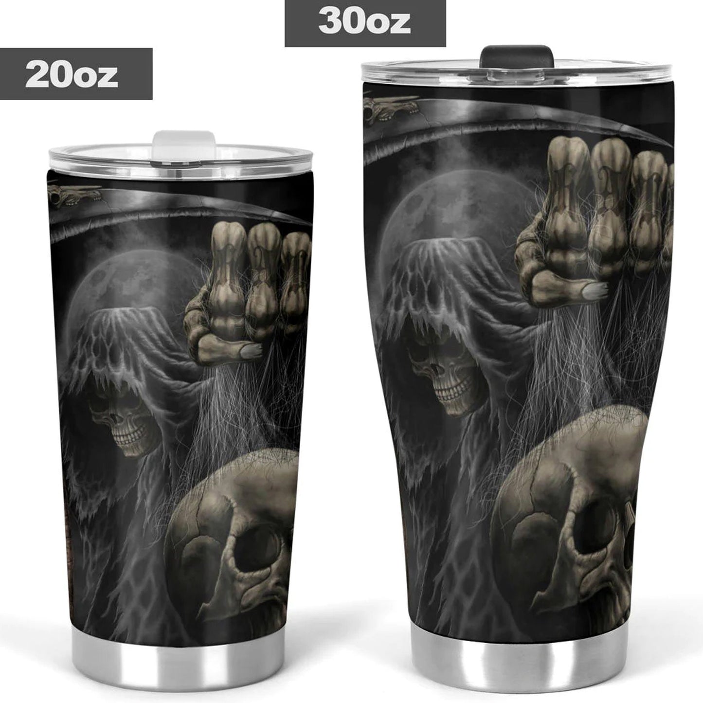 Grim reaper skull tumbler cup mug, horror travel mug, biker skull beer mug, horror coffee mug, gothic skull travel mug, gothic skull cup mug