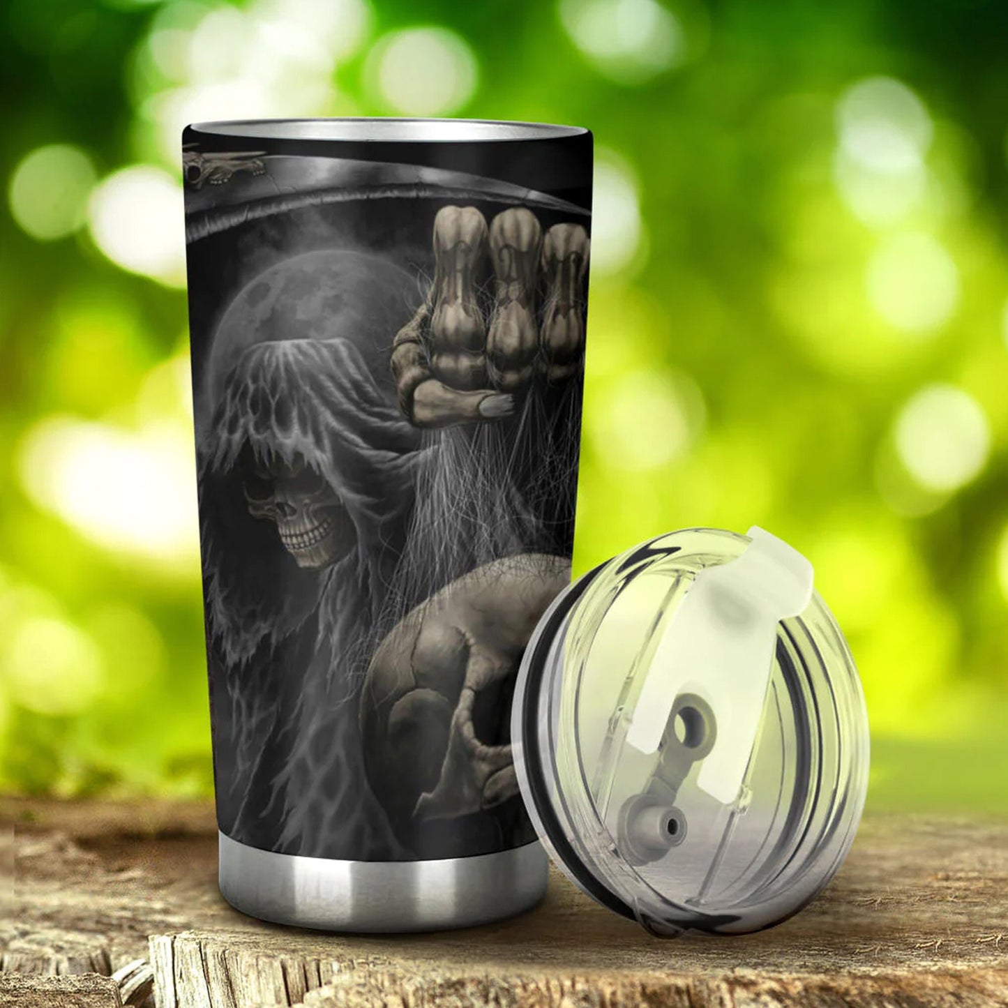 Grim reaper skull tumbler cup mug, horror travel mug, biker skull beer mug, horror coffee mug, gothic skull travel mug, gothic skull cup mug