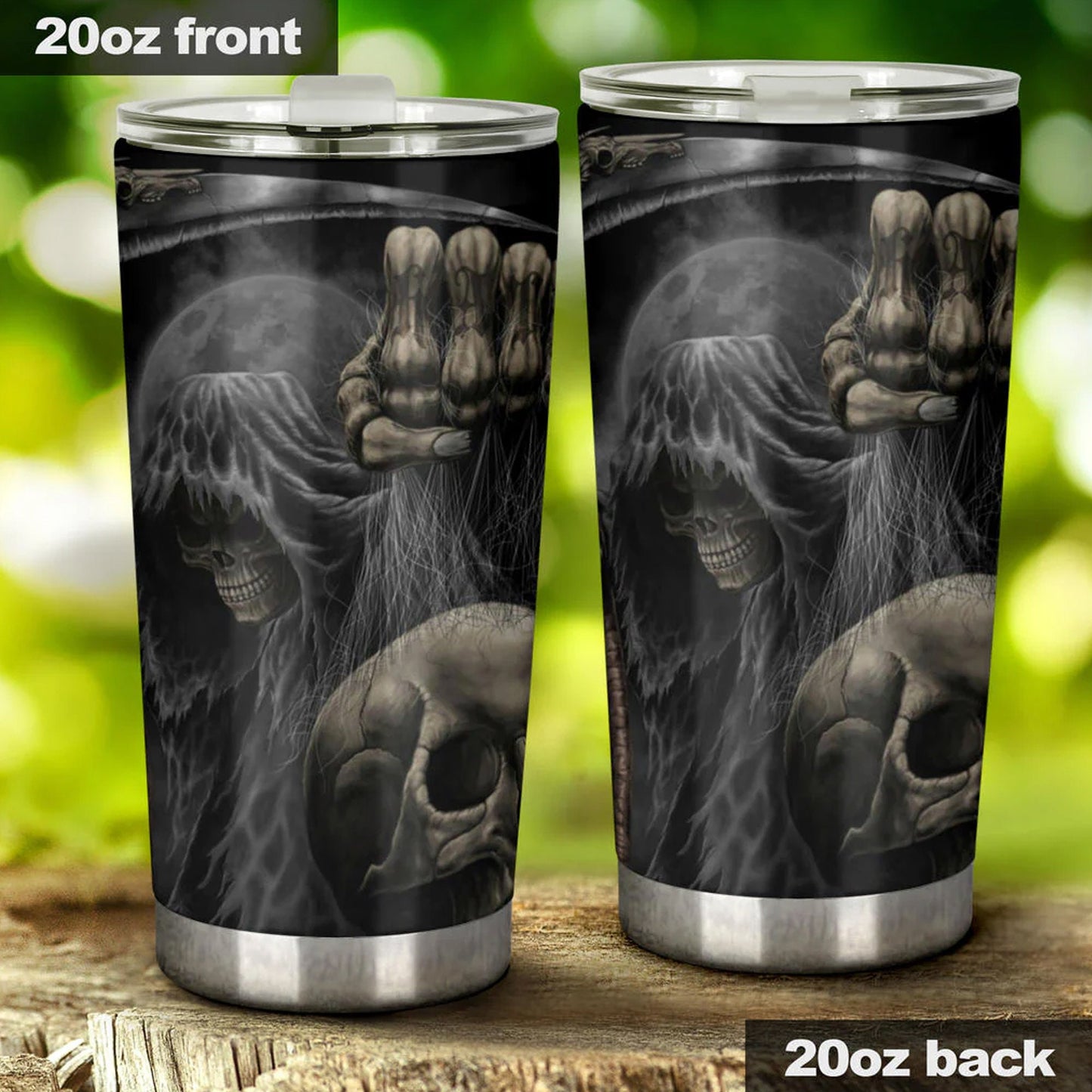 Grim reaper skull tumbler cup mug, horror travel mug, biker skull beer mug, horror coffee mug, gothic skull travel mug, gothic skull cup mug